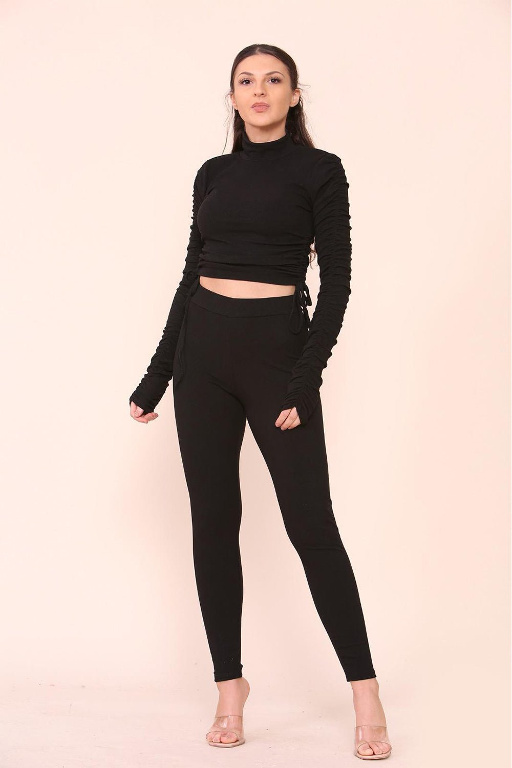 High Neck Ruched Side Arm Solid Drawstrings Ribbed Tee and Leggings set Top & Bodysuit WearAll Black S/M