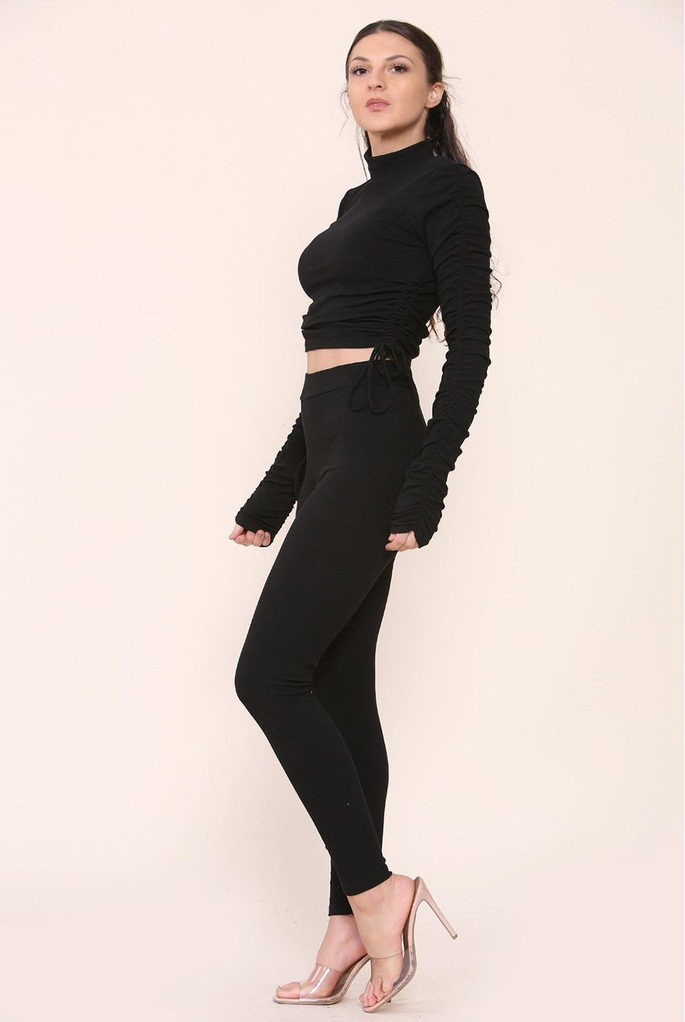 High Neck Ruched Side Arm Solid Drawstrings Ribbed Tee and Leggings set Top & Bodysuit WearAll