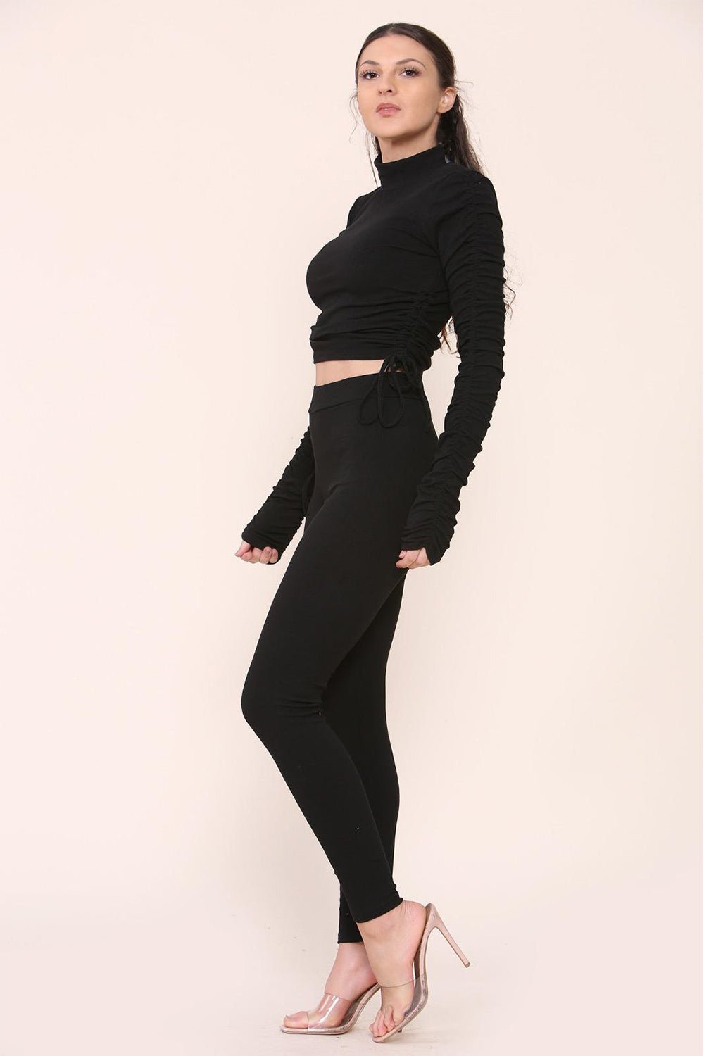 High Neck Ruched Side Arm Solid Drawstrings Ribbed Tee and Leggings set Top & Bodysuit WearAll