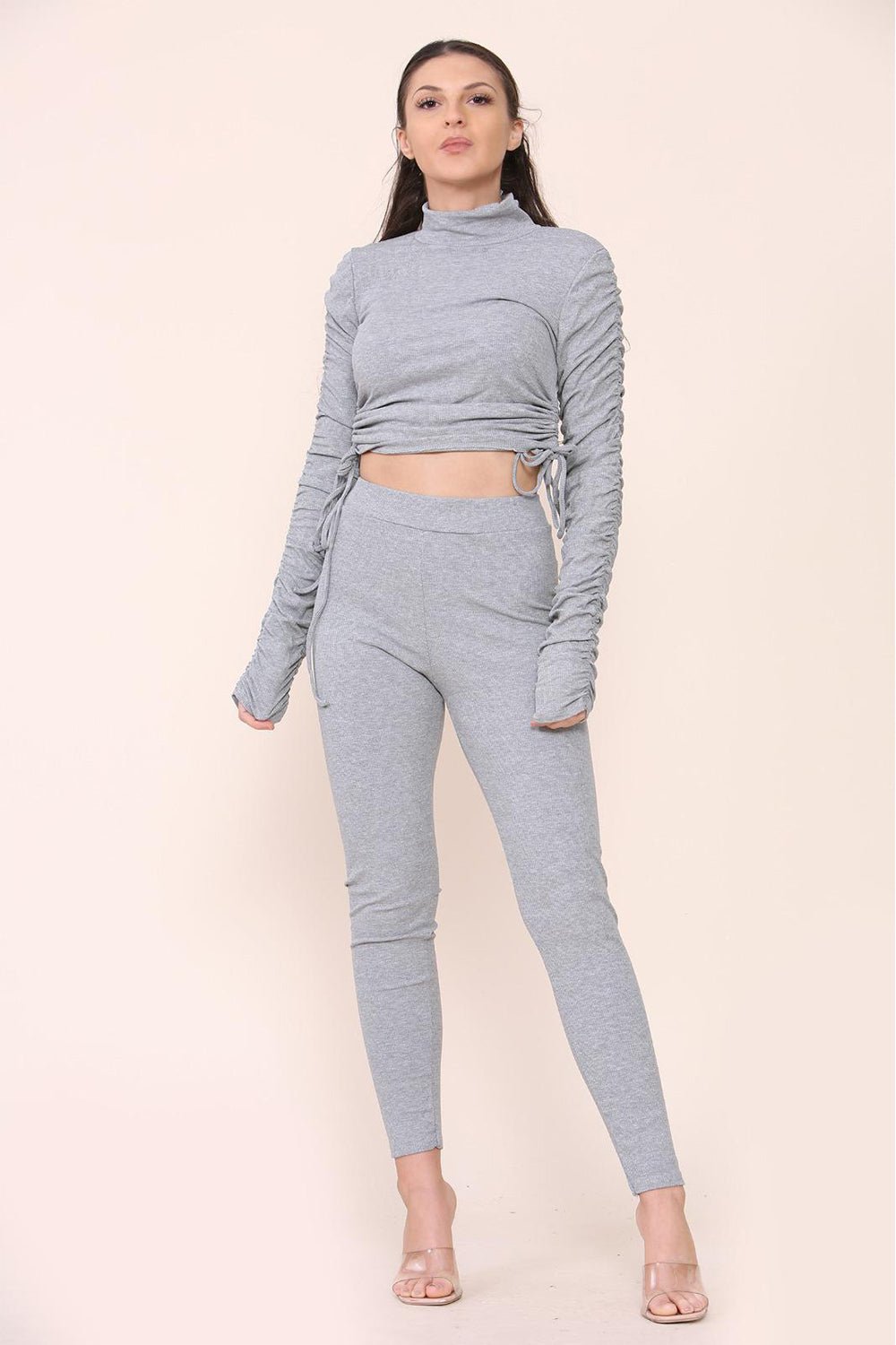 High Neck Ruched Side Arm Solid Drawstrings Ribbed Tee and Leggings set Top & Bodysuit WearAll Grey S/M
