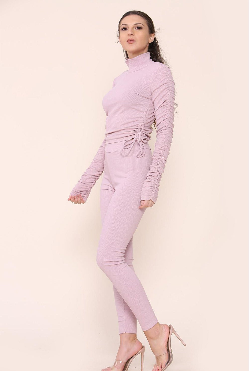 High Neck Ruched Side Arm Solid Drawstrings Ribbed Tee and Leggings set Top & Bodysuit WearAll
