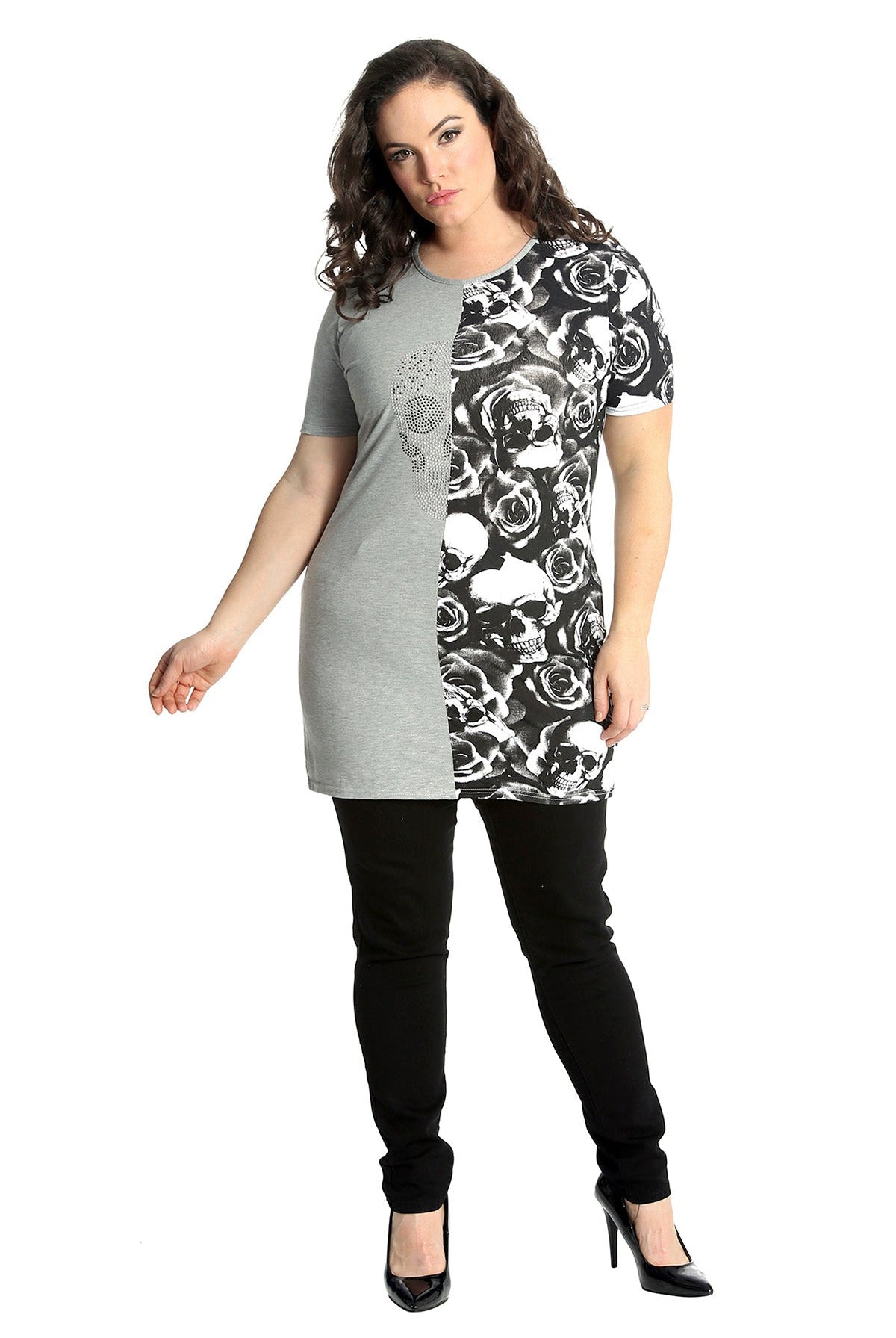 Split Skull Roses Print T-Shirt Tops WearAll