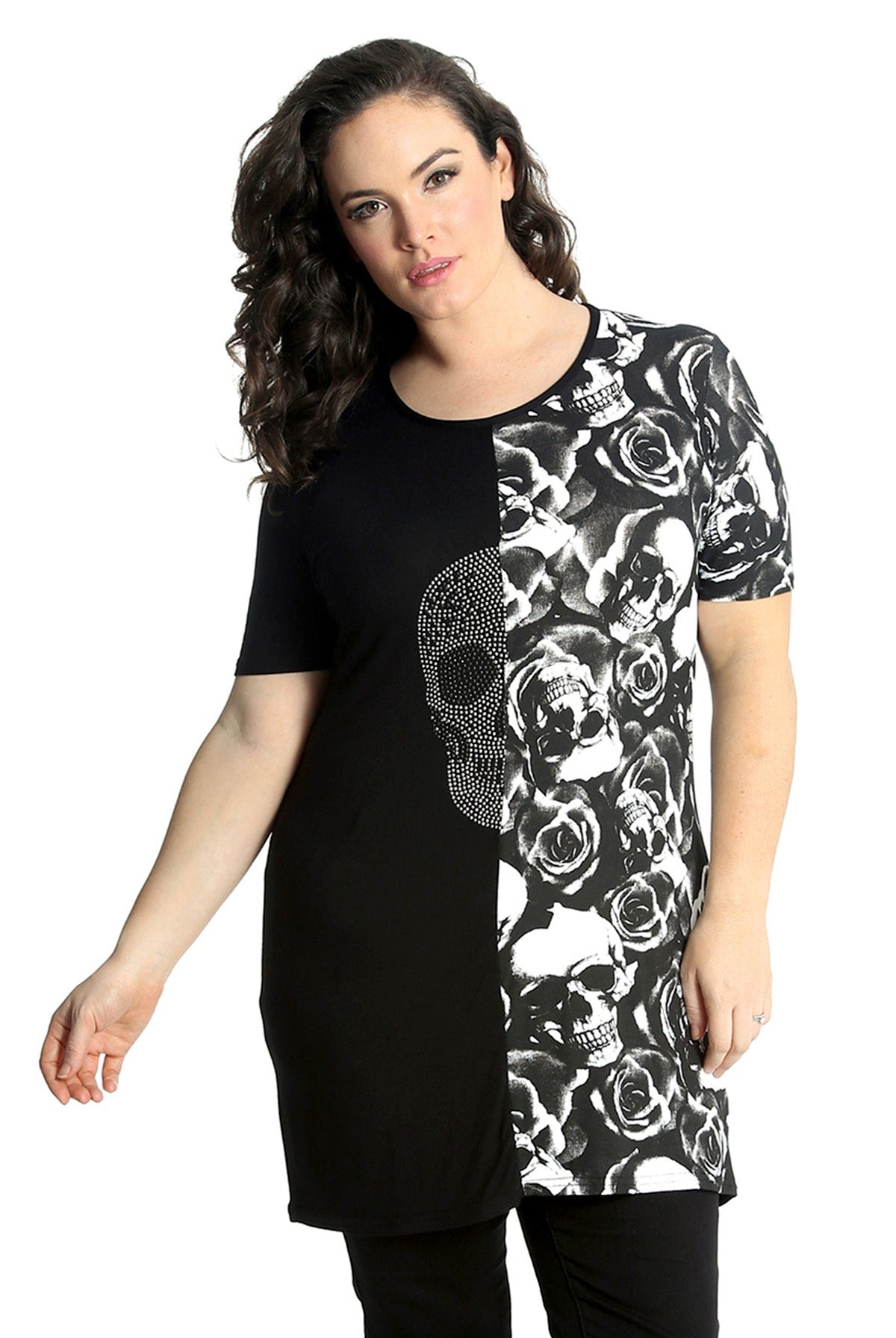 Split Skull Roses Print T-Shirt Tops WearAll Black 16