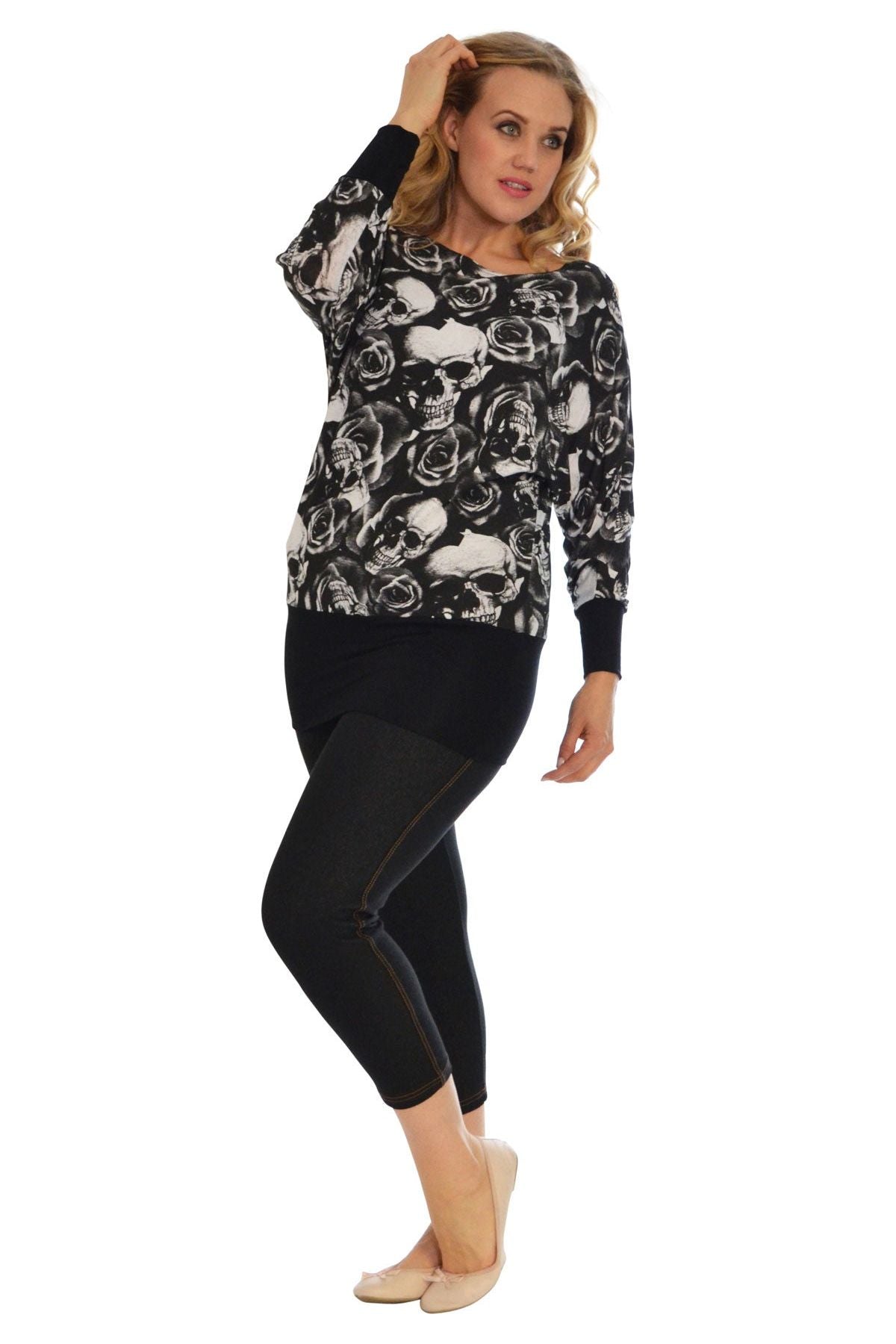 Skull Rose Print Batwing Top Tops WearAll