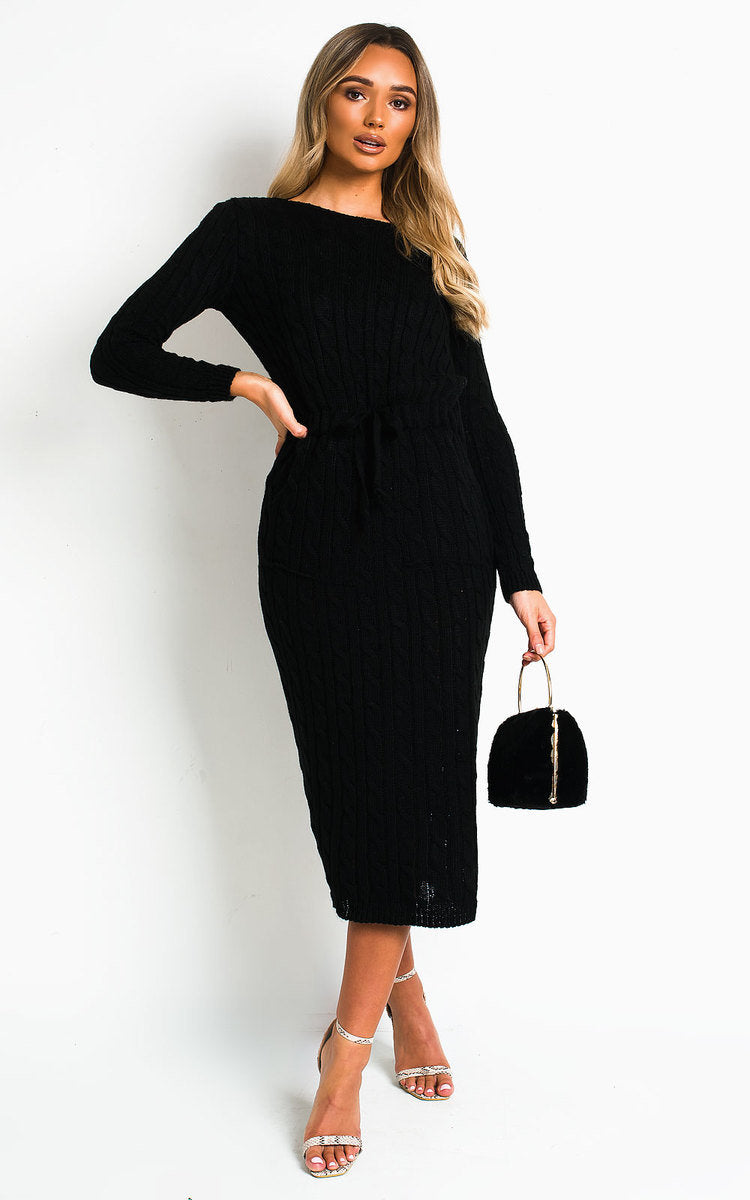 CABLE KNIT DRAWSTRING WAIST DRESS Dress WearAll