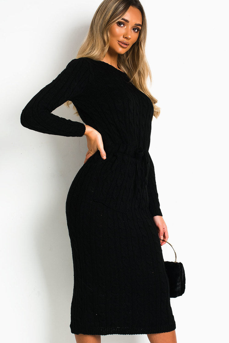 CABLE KNIT DRAWSTRING WAIST DRESS Dress WearAll