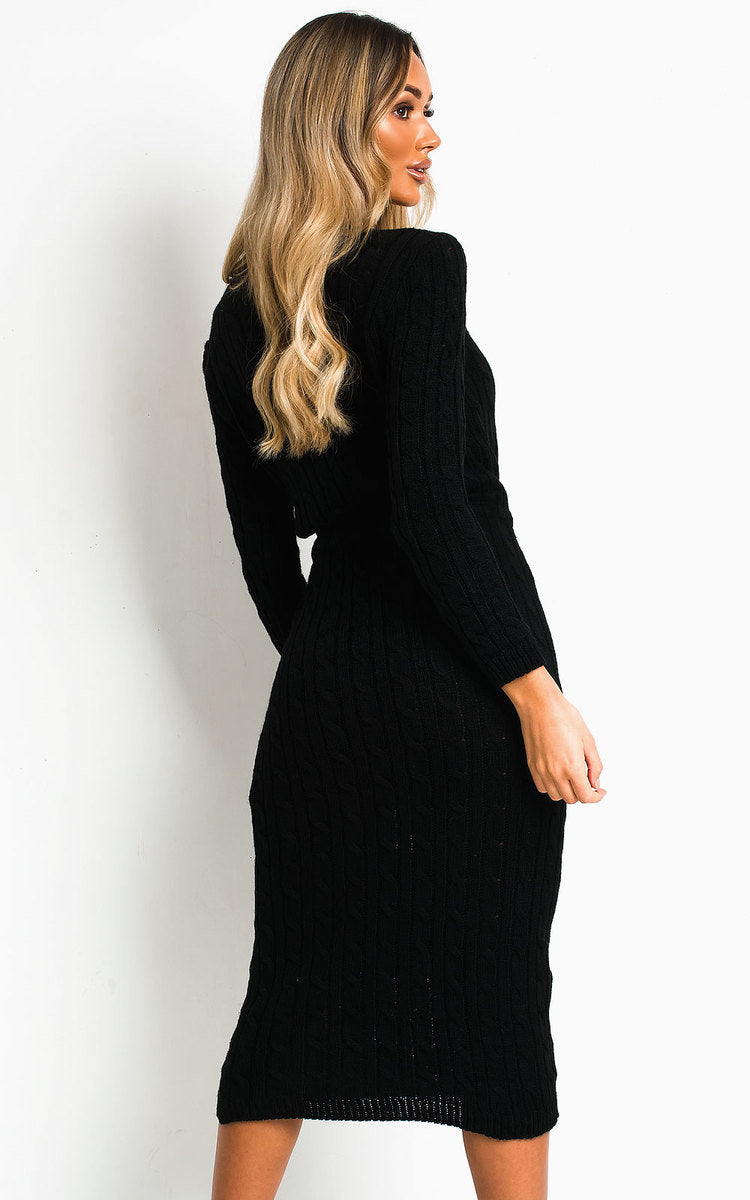 CABLE KNIT DRAWSTRING WAIST DRESS Dress WearAll