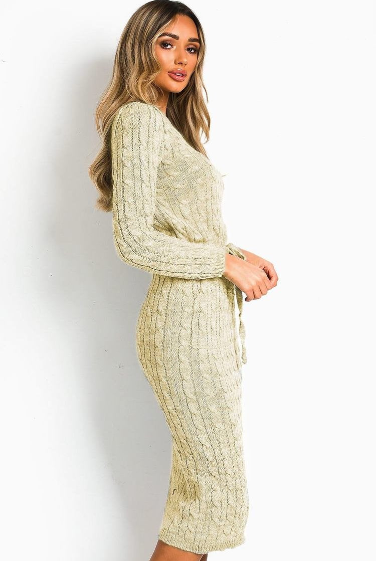 CABLE KNIT DRAWSTRING WAIST DRESS Dress WearAll
