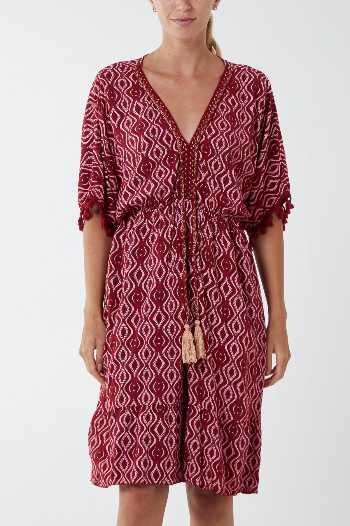Geometric Tassel Trim Dress DMF2 WearAll Burgundy One Size