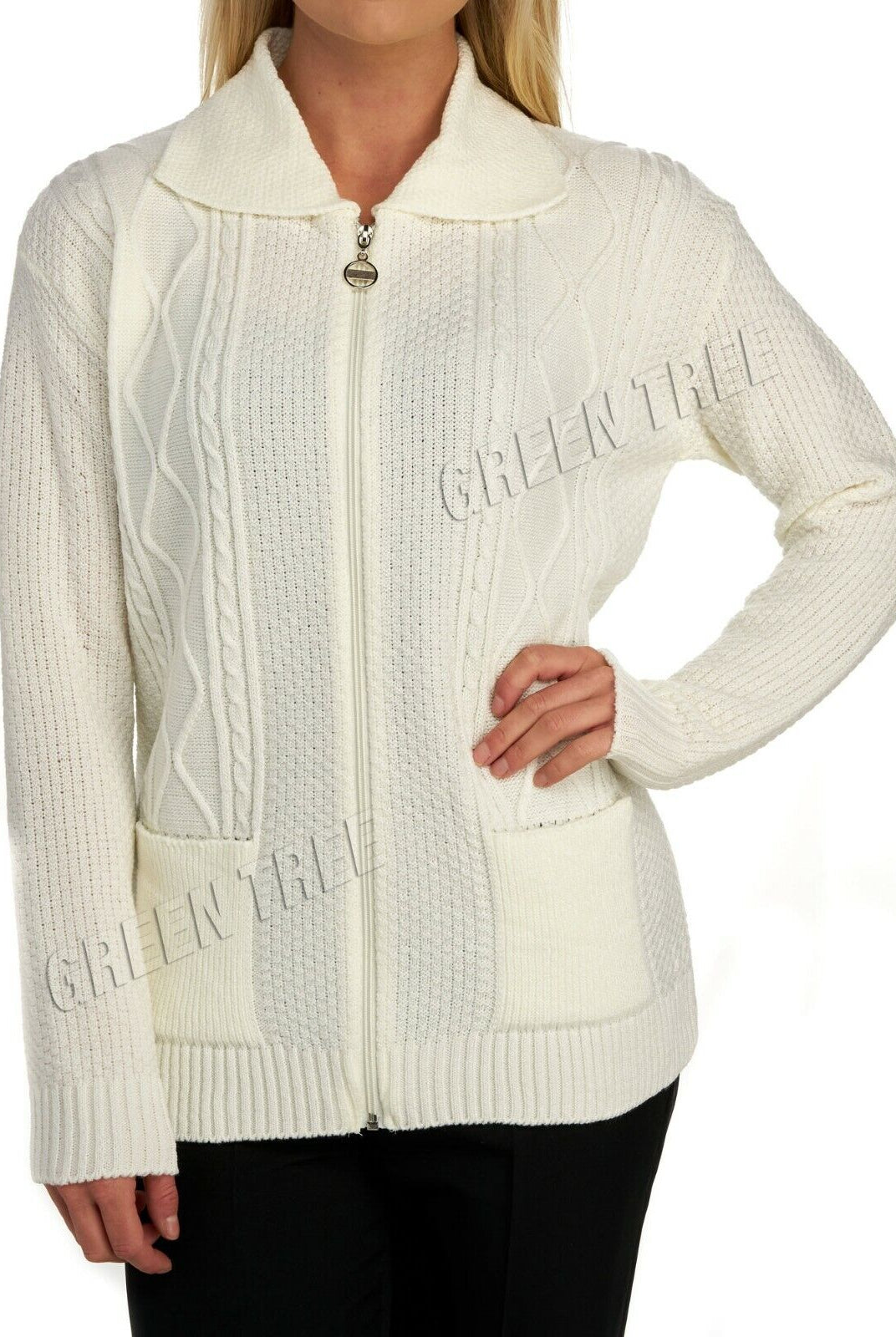 Knit Collar Long Sleeve Zip Cardigan Tops WearAll Cream 8-10