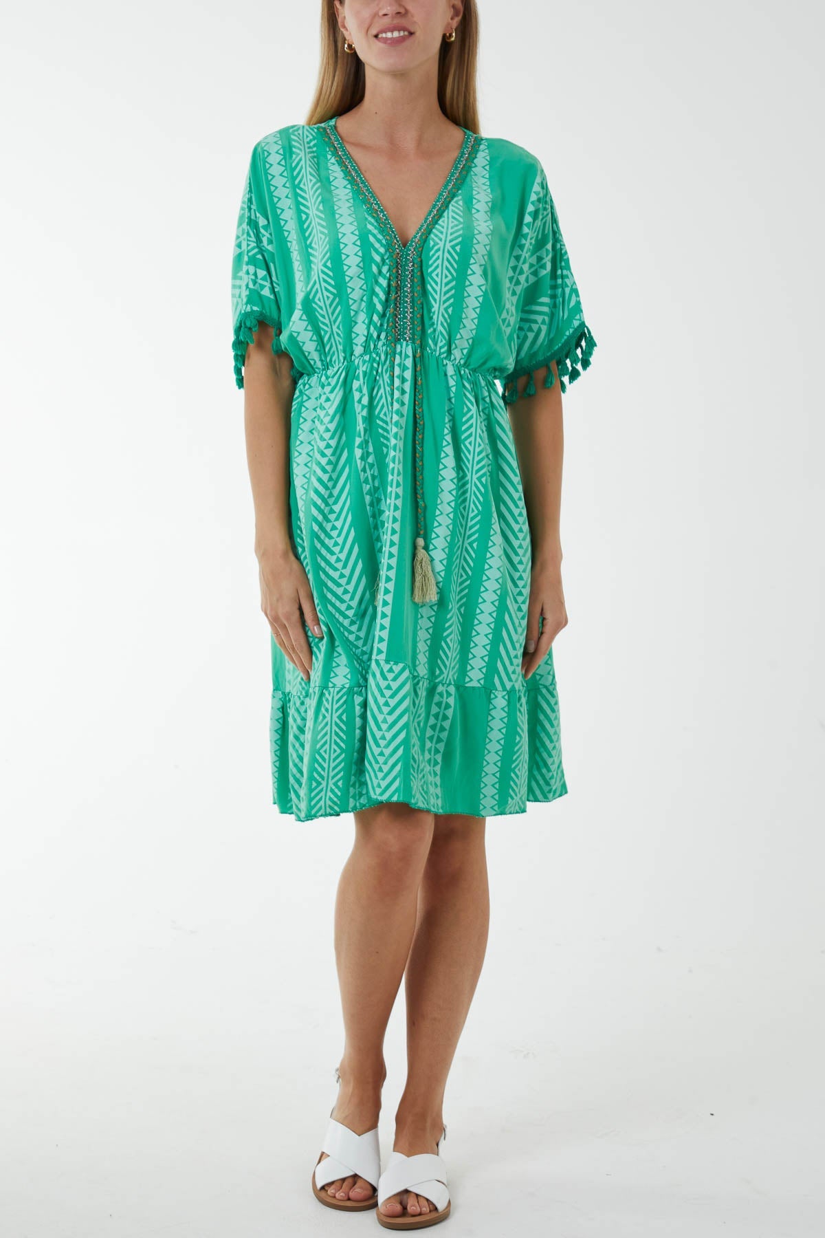 Aztec Print Mini Dress with Tassels Dresses WearAll Jade One Size