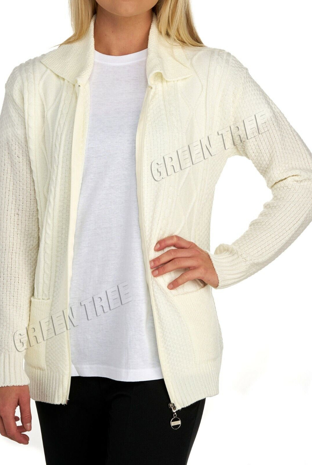 Knit Collar Long Sleeve Zip Cardigan Tops WearAll