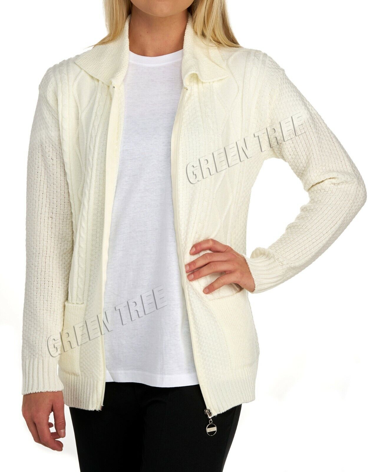 Knit Collar Long Sleeve Zip Cardigan Tops WearAll