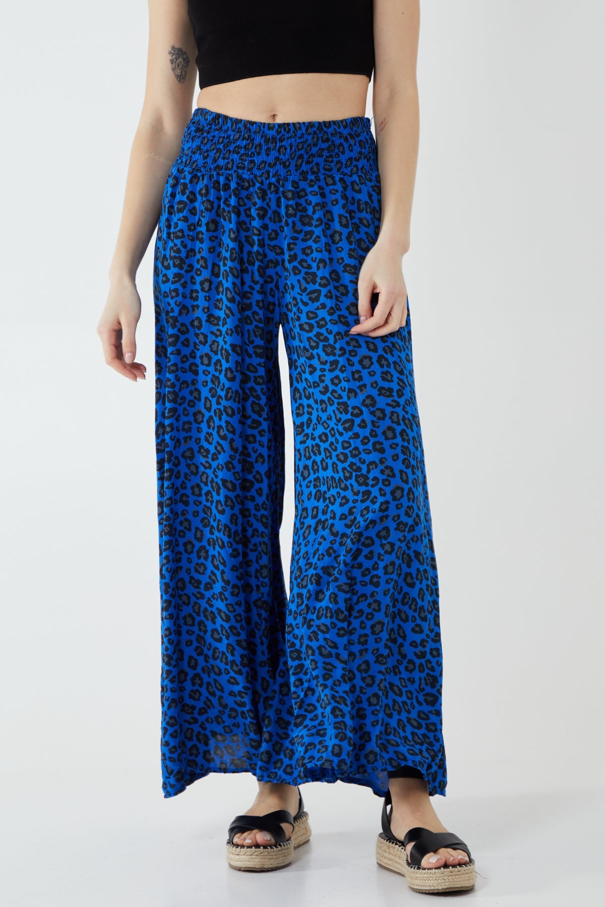 Leopard Print Ruched Waist Wide Leg Trousers TRS1 WearAll Royal Blue One Size