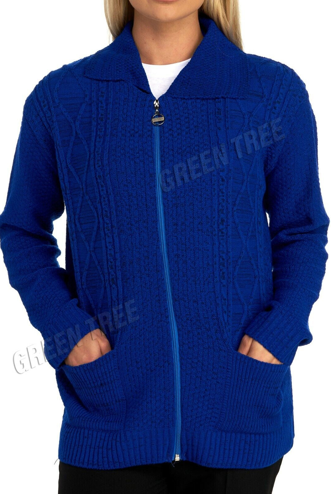 Plus Size Knit Collar Long Sleeve Zip Cardigan Knitted Cardigan WearAll Royal Blue 16-18
