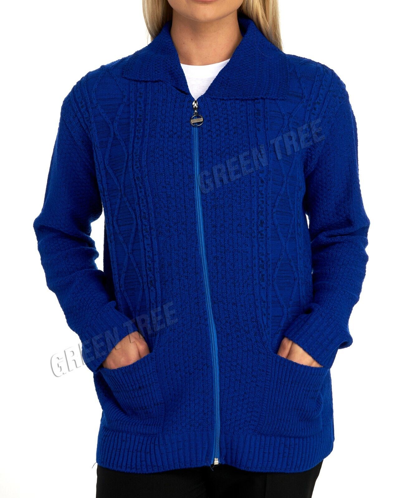 Plus Size Knit Collar Long Sleeve Zip Cardigan Knitted Cardigan WearAll Royal Blue 16-18