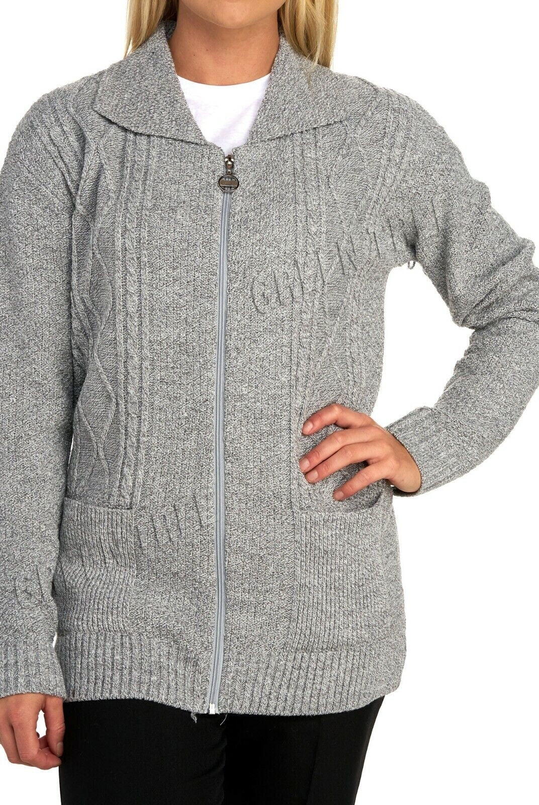 Plus Size Knit Collar Long Sleeve Zip Cardigan Knitted Cardigan WearAll Light Grey 16-18