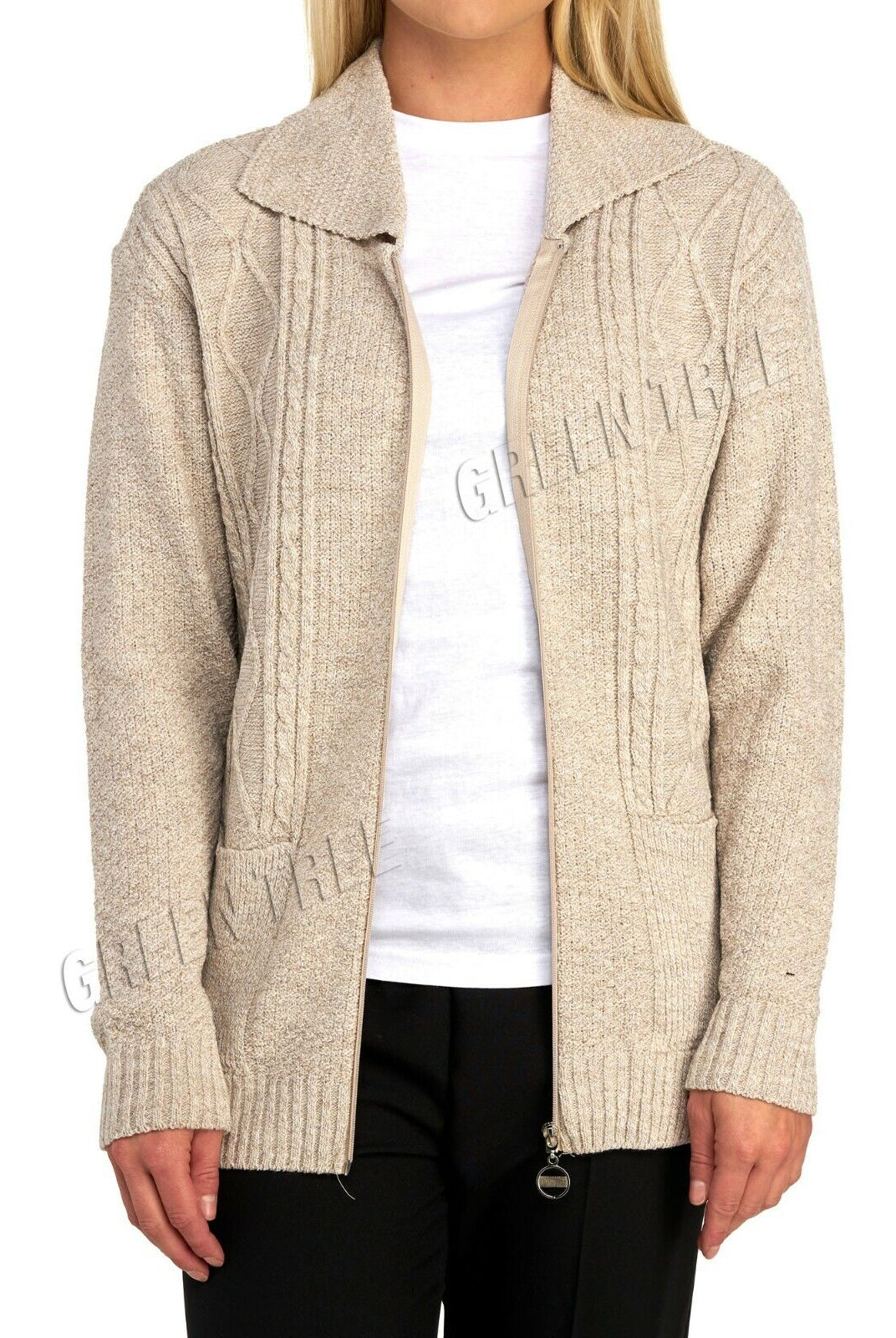 Plus Size Knit Collar Long Sleeve Zip Cardigan Knitted Cardigan WearAll