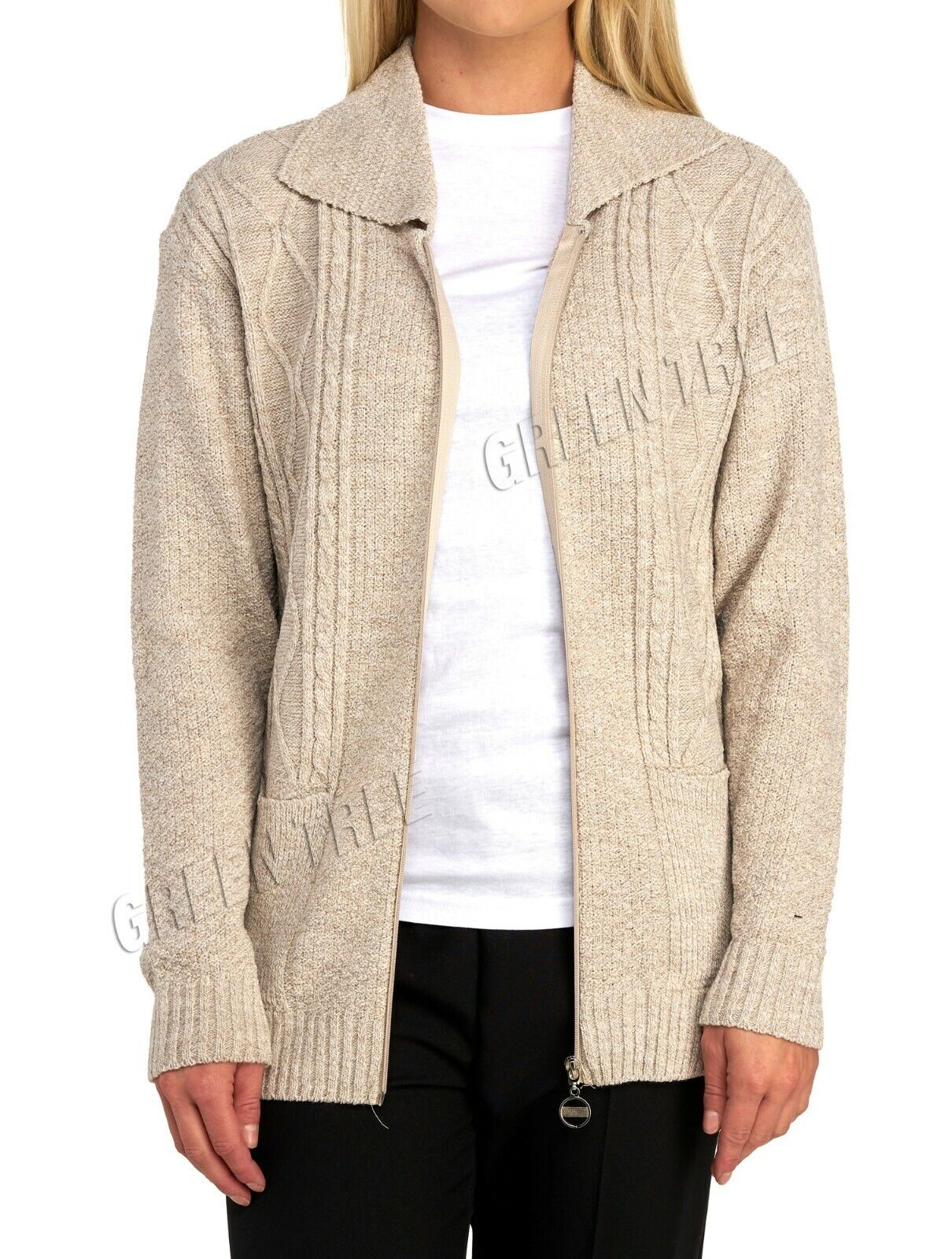 Plus Size Knit Collar Long Sleeve Zip Cardigan Knitted Cardigan WearAll
