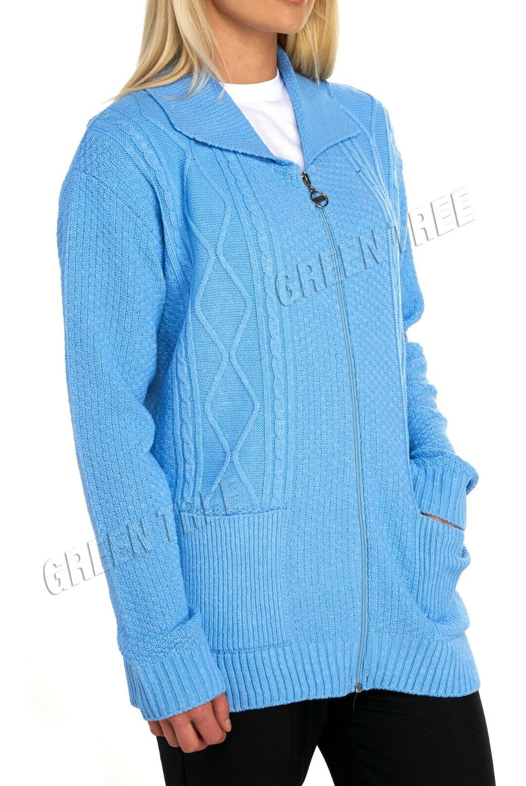 Plus Size Knit Collar Long Sleeve Zip Cardigan Knitted Cardigan WearAll Light Turquoise 16-18