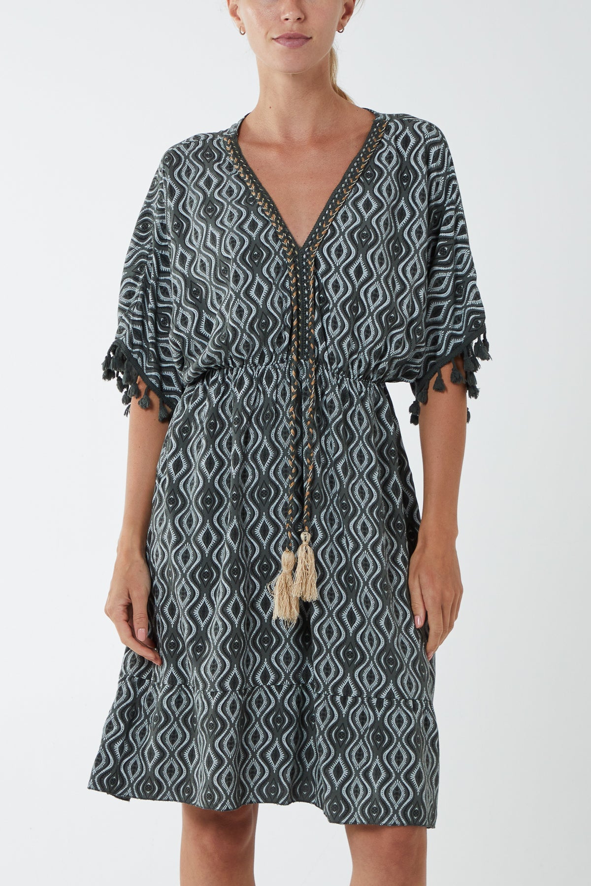 Geometric Tassel Trim Dress DMF2 WearAll Dark Khaki One Size