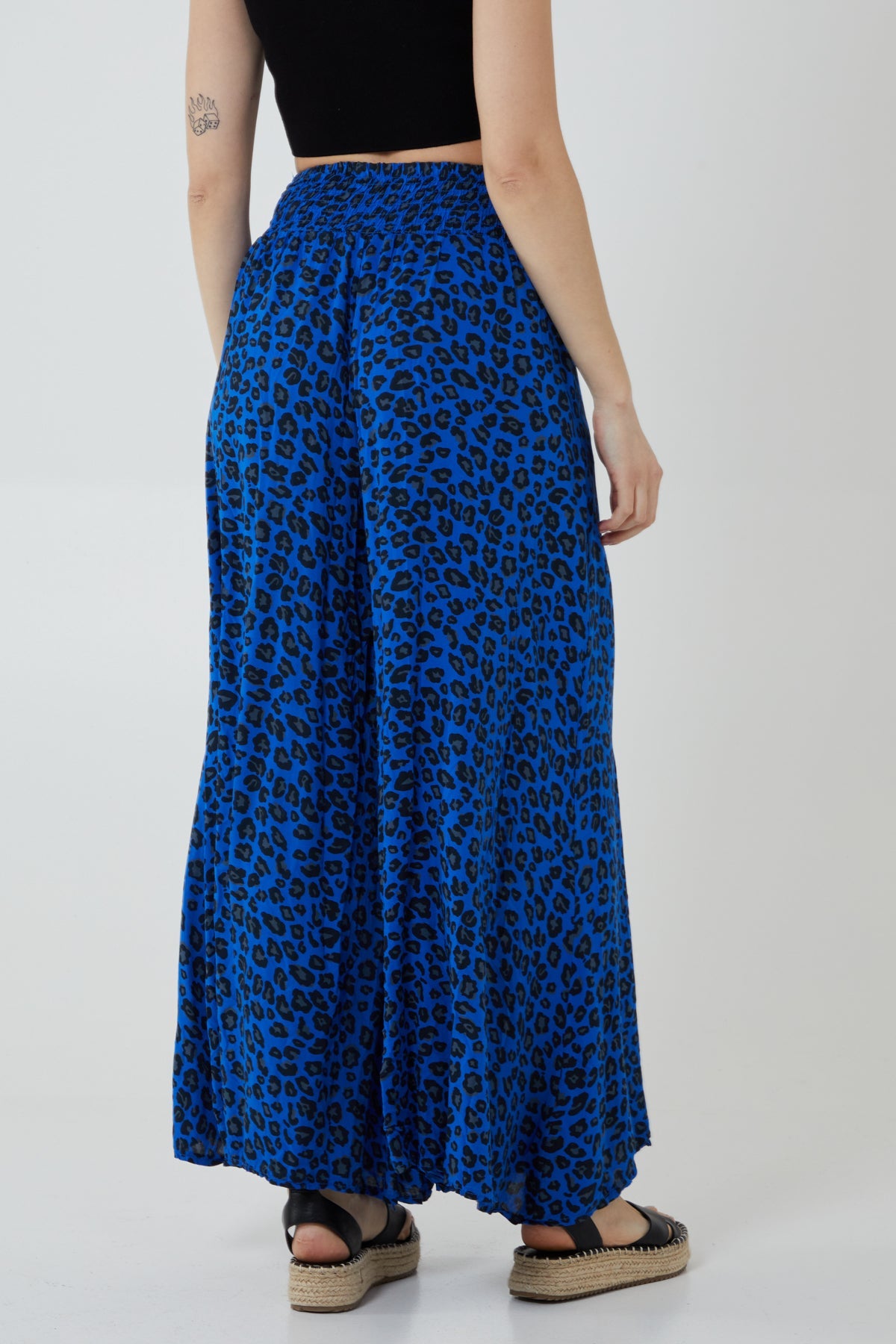 Leopard Print Ruched Waist Wide Leg Trousers TRS1 WearAll