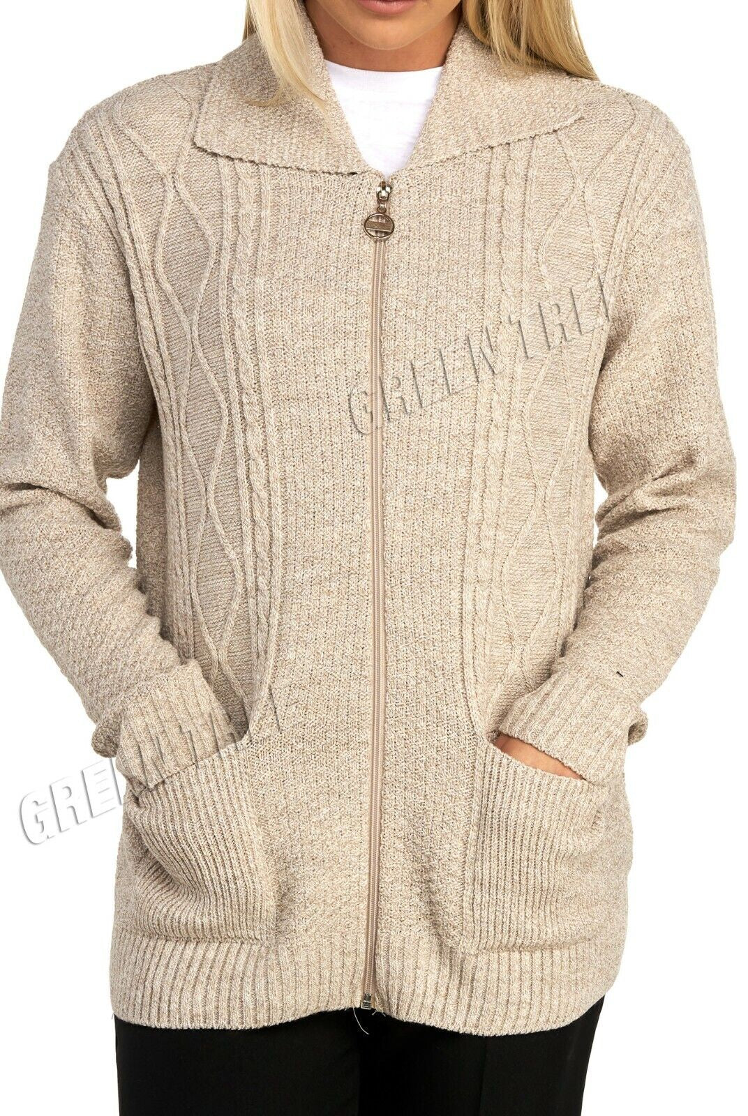 Knit Collar Long Sleeve Zip Cardigan Tops WearAll Stone 8-10