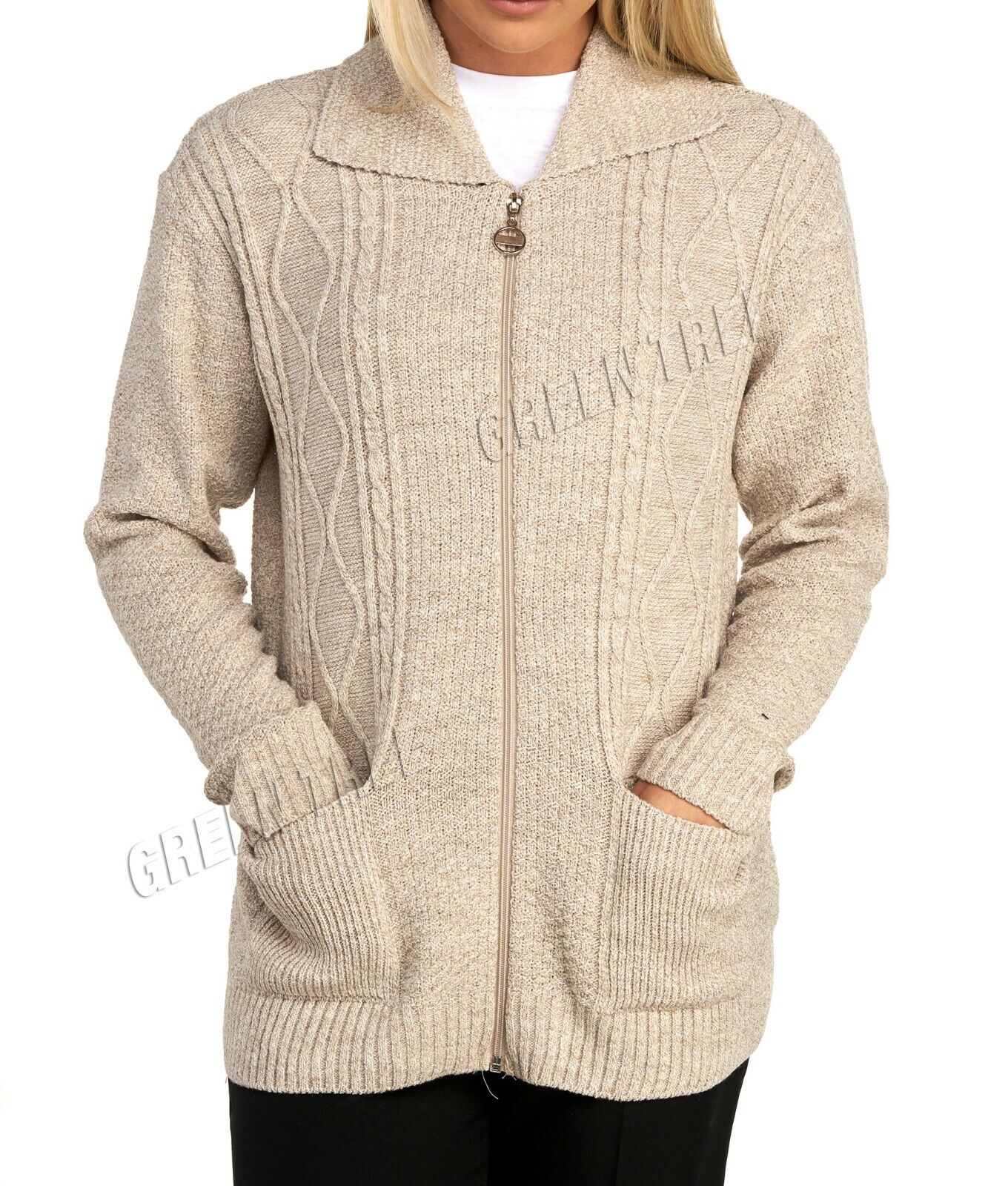 Knit Collar Long Sleeve Zip Cardigan Tops WearAll Stone 8-10