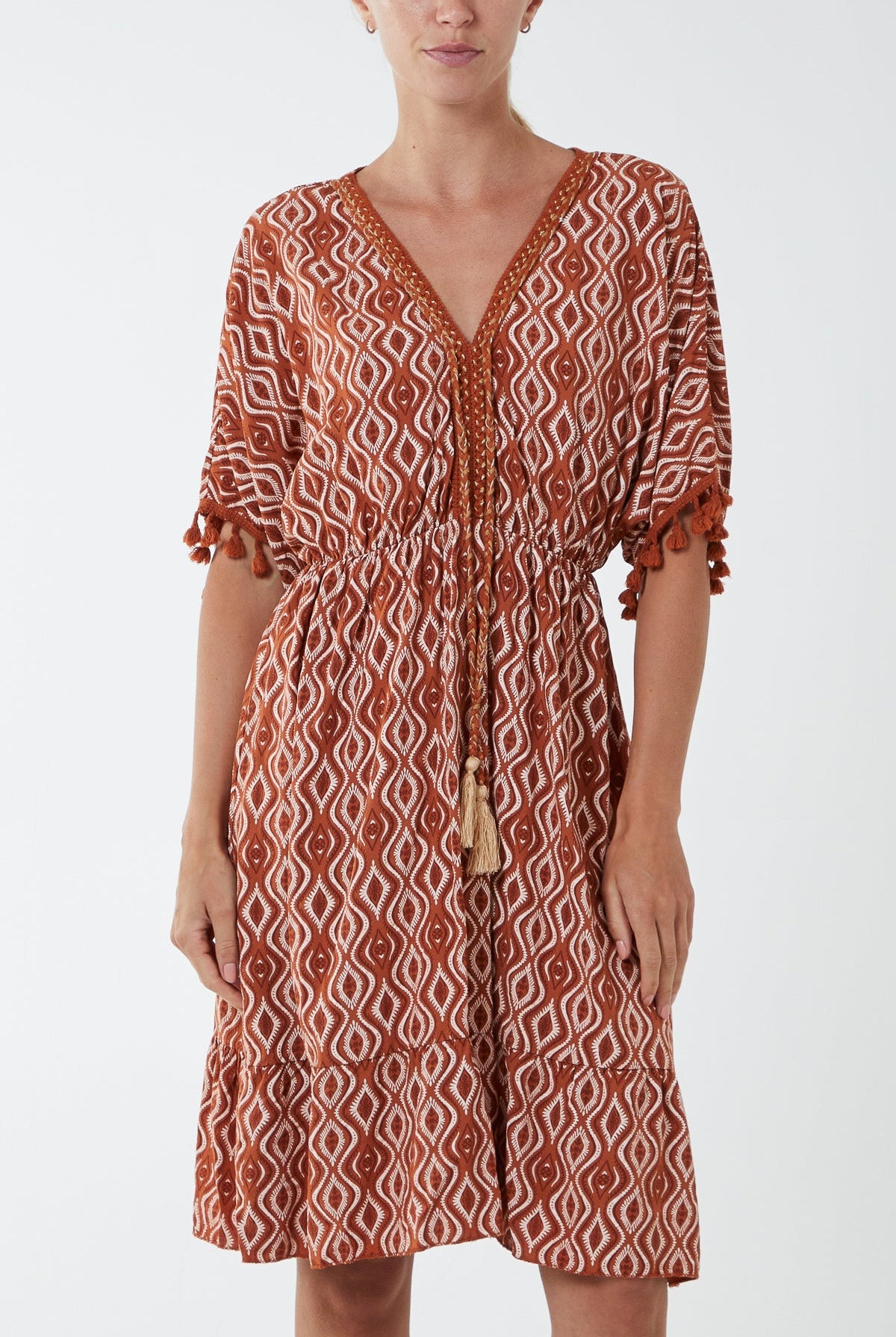 Geometric Tassel Trim Dress DMF2 WearAll Rust One Size