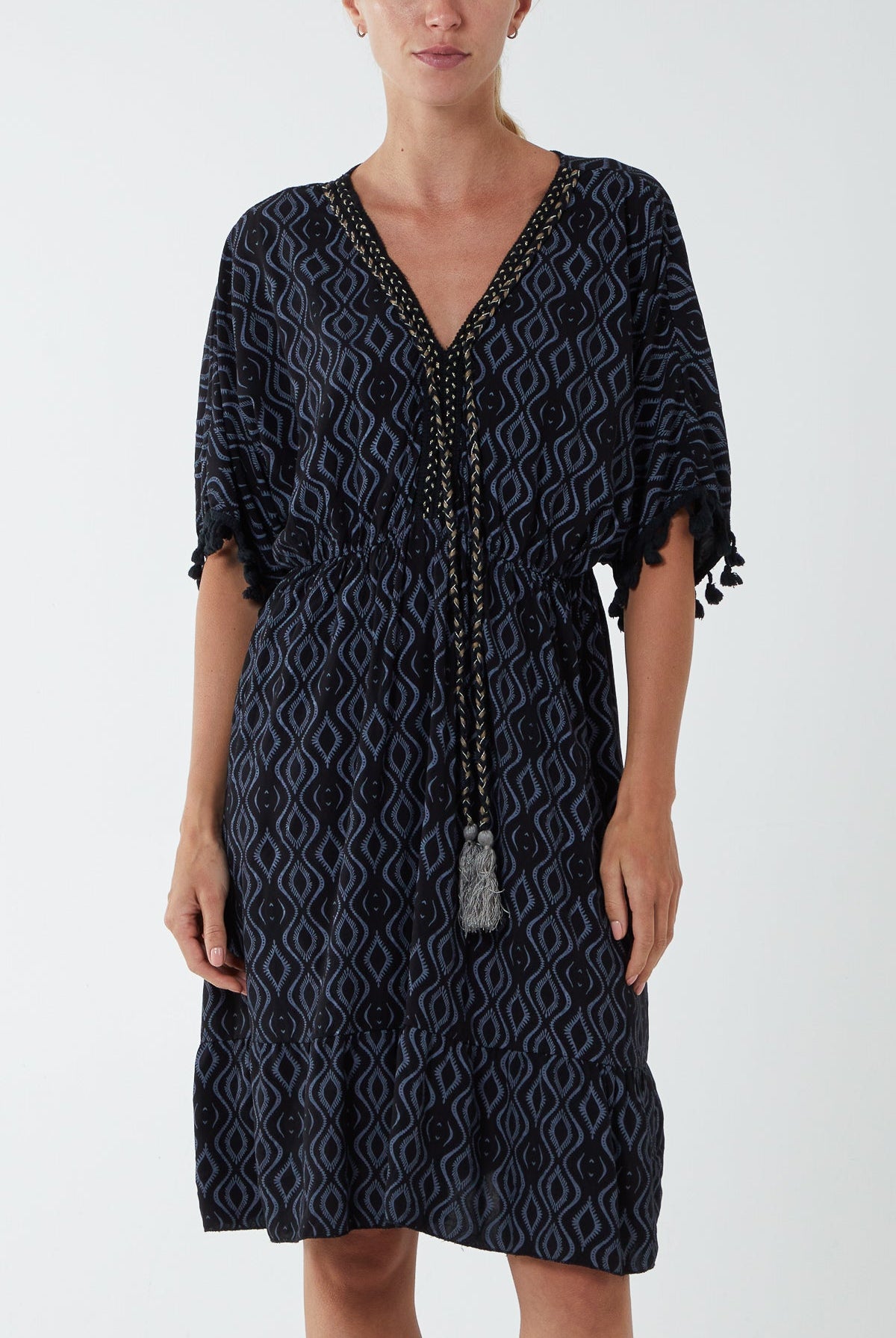 Geometric Tassel Trim Dress DMF2 WearAll Black One Size