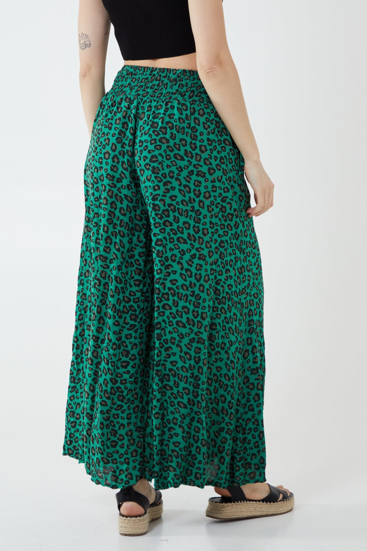 Leopard Print Ruched Waist Wide Leg Trousers TRS1 WearAll