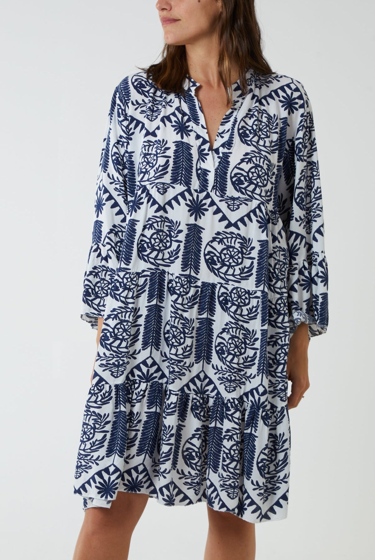 Tiered Baroque Floral Smock Print Dress DMF2 WearAll Navy One Size