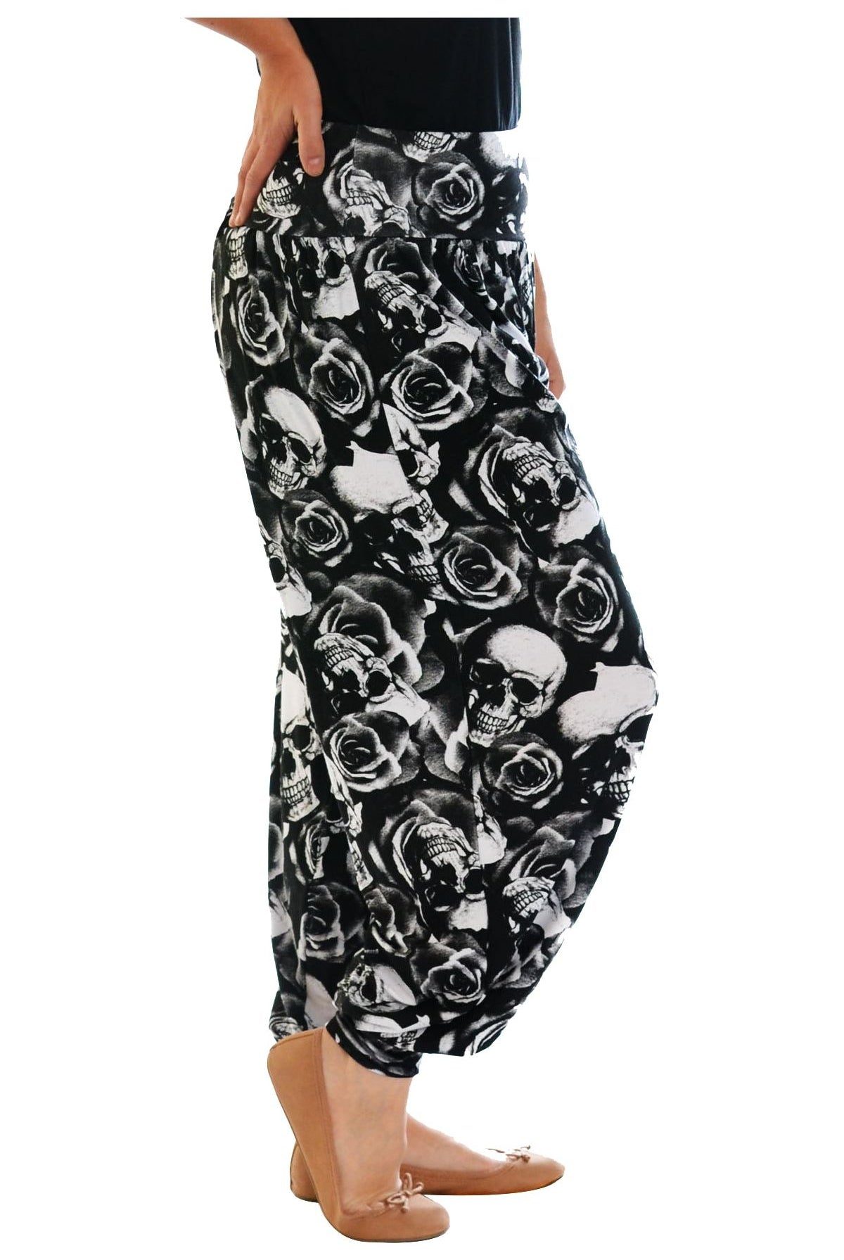 Skull and Rose Print Harem Trousers Trousers WearAll