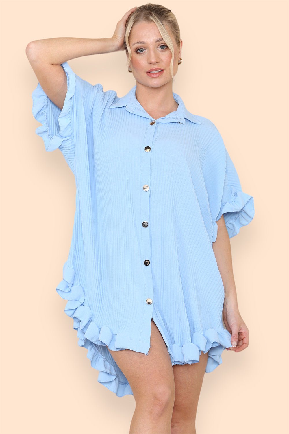 OverSized Italian Gold Button Pleated Frill Ruffle Dress Top Dress WearAll Sky Blue One Size Fit (8-18)
