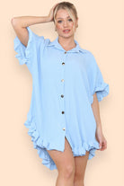 OverSized Italian Gold Button Pleated Frill Ruffle Dress Top Dress WearAll Sky Blue One Size Fit (8-18)
