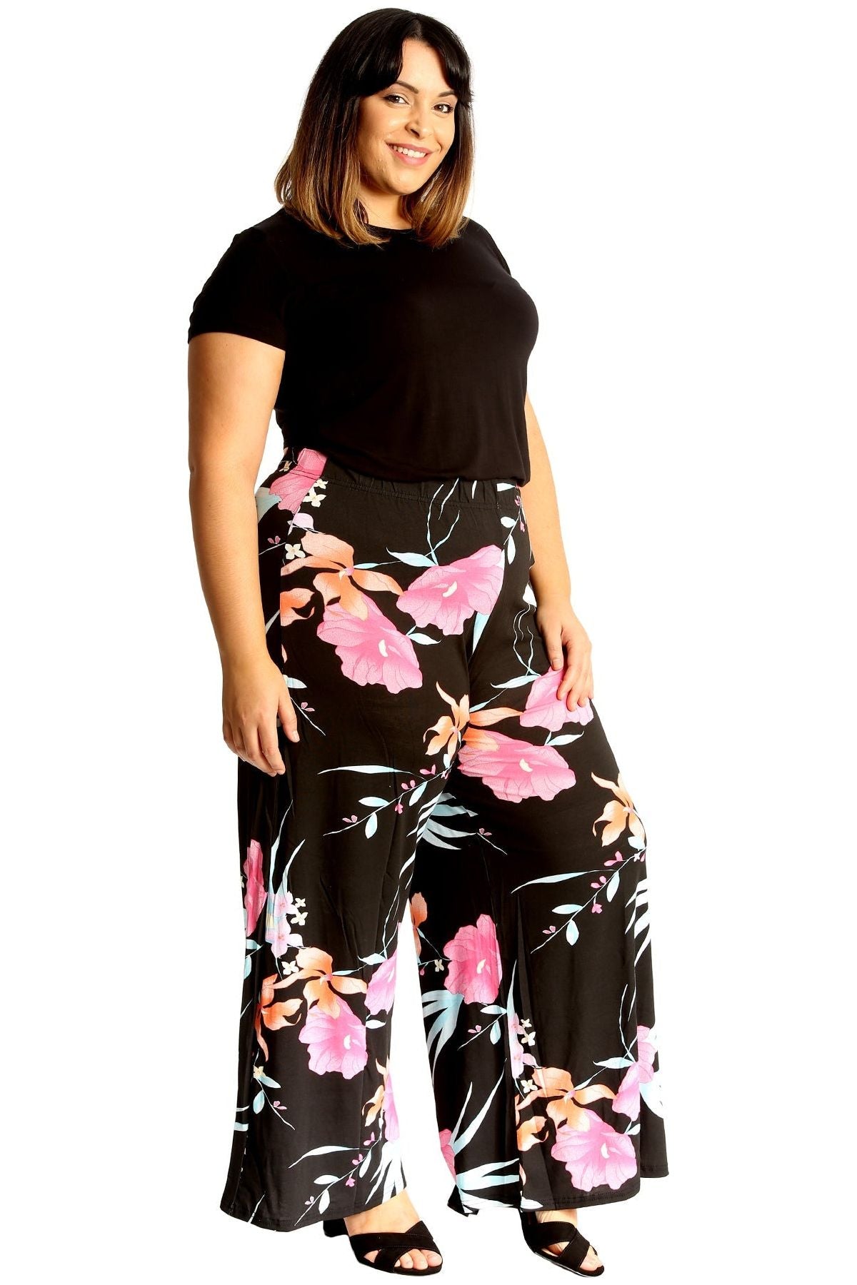 Plus Size Cerise Aqua Floral Print Palazzo Trouser Palazzo WearAll