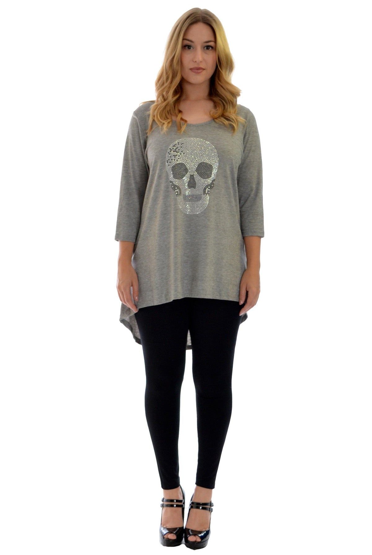 Skull Tail Back Dip Hem Scoop Top Tops WearAll