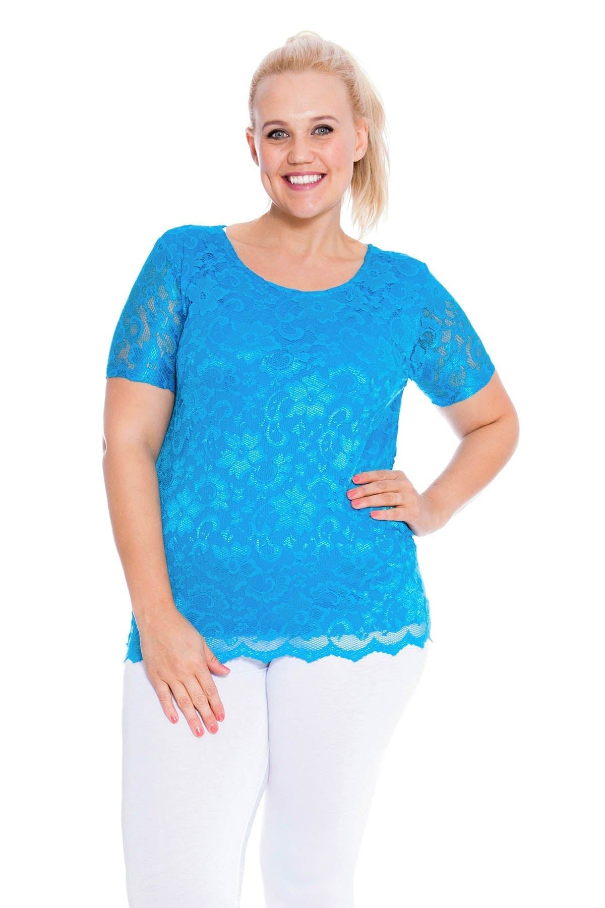 Lace Lined Scallop Edge T-Shirt Top Tops WearAll Turquoise 14