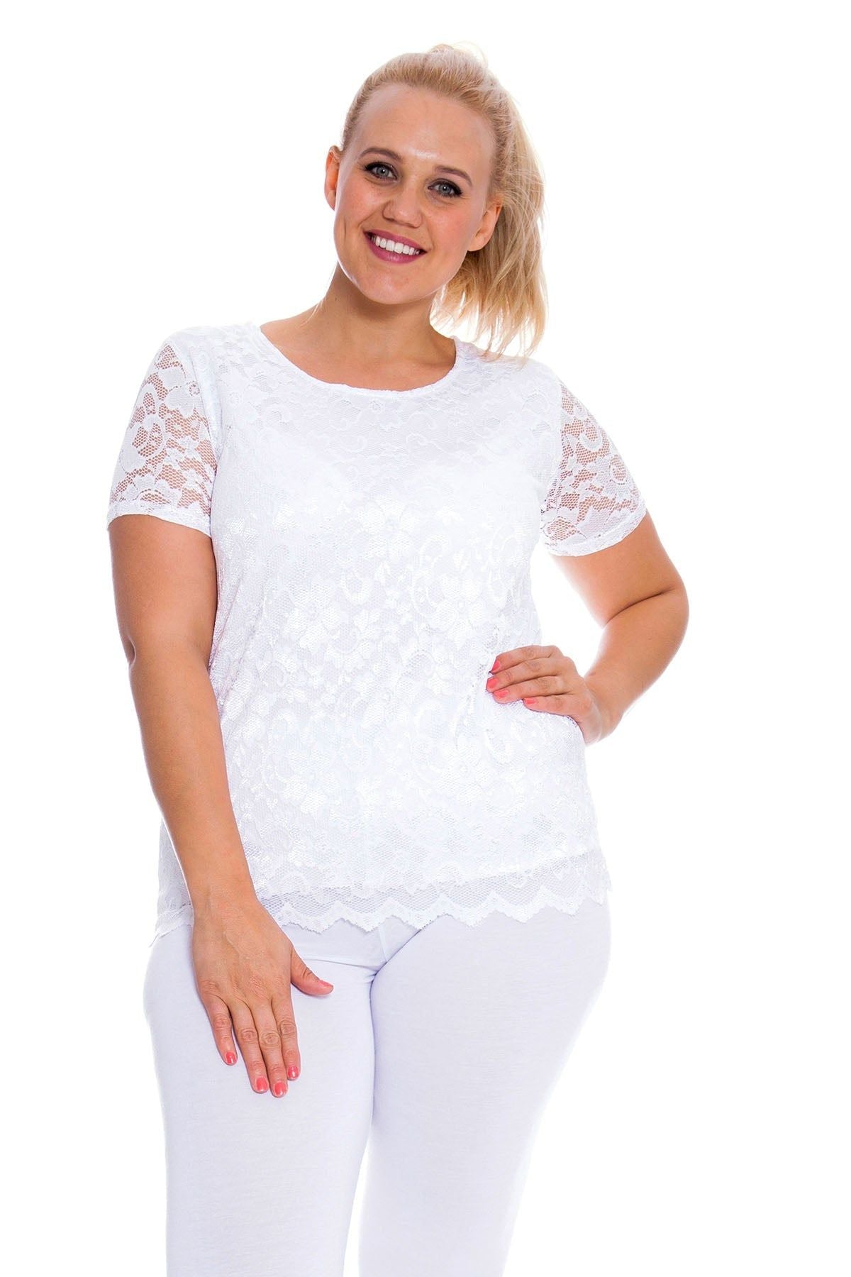 Lace Lined Scallop Edge T-Shirt Top Tops WearAll White 14