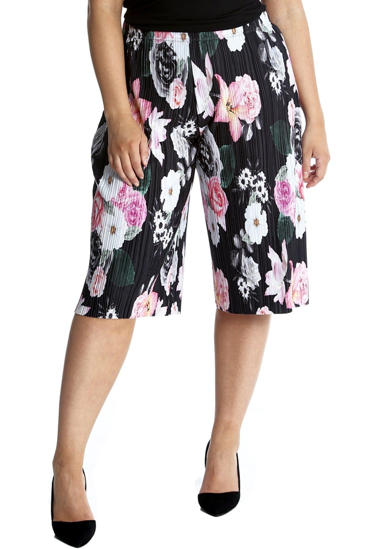 Plus Size Floral Print Crinkle Culottes Culottes WearAll Black 16-18