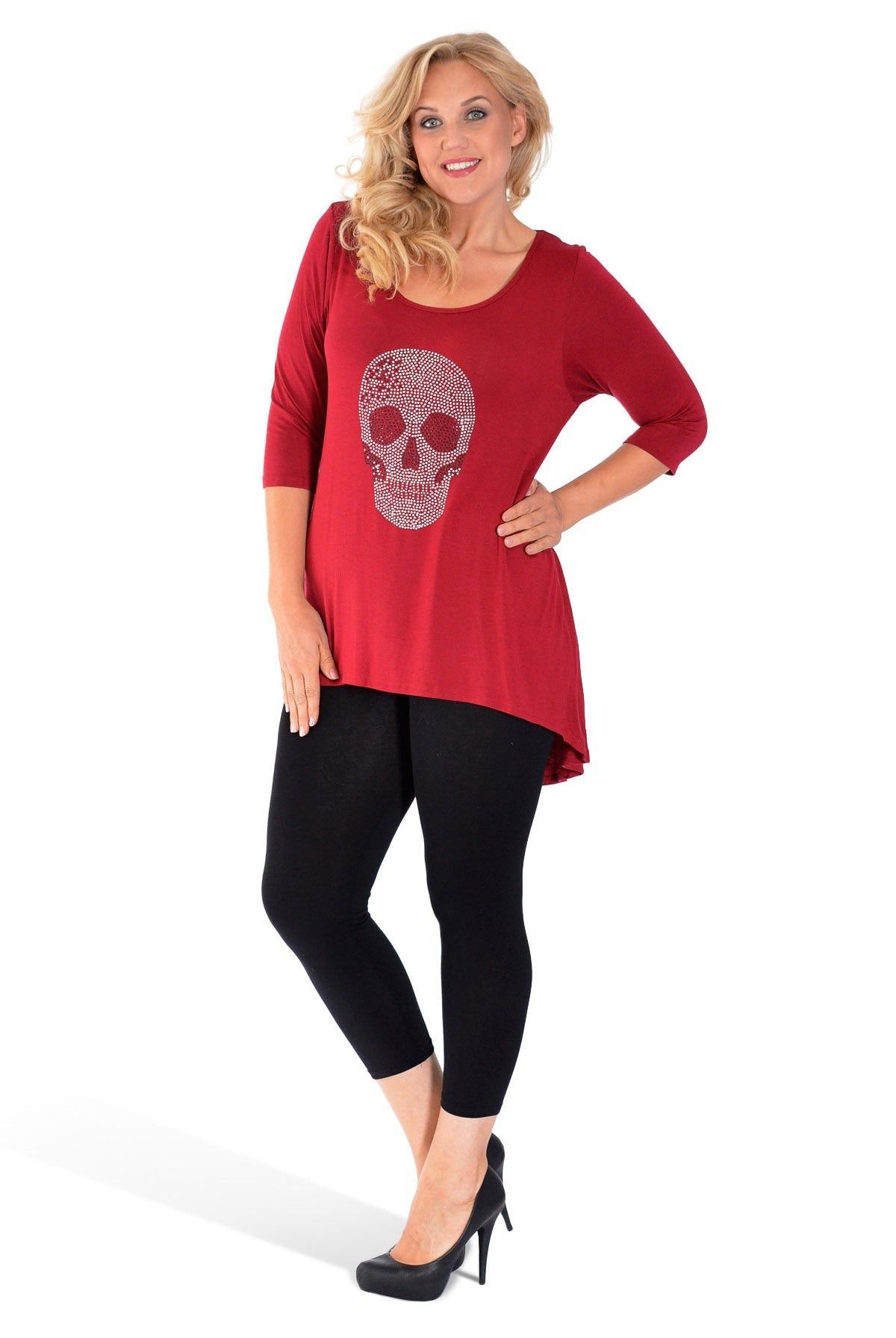 Skull Tail Back Dip Hem Scoop Top Tops WearAll
