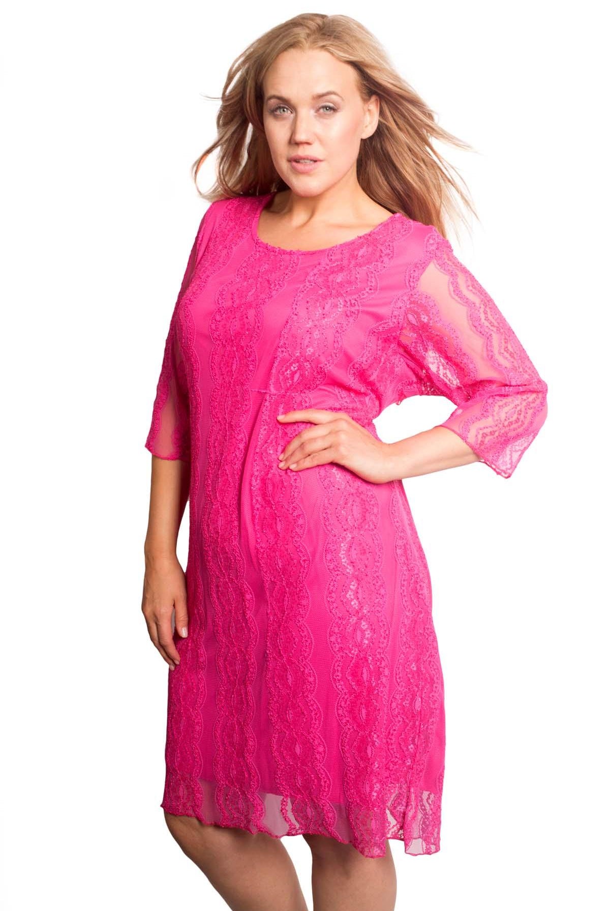 Floral Lace Lined 3/4 Sleeve Dress Tops WearAll Cerise 14