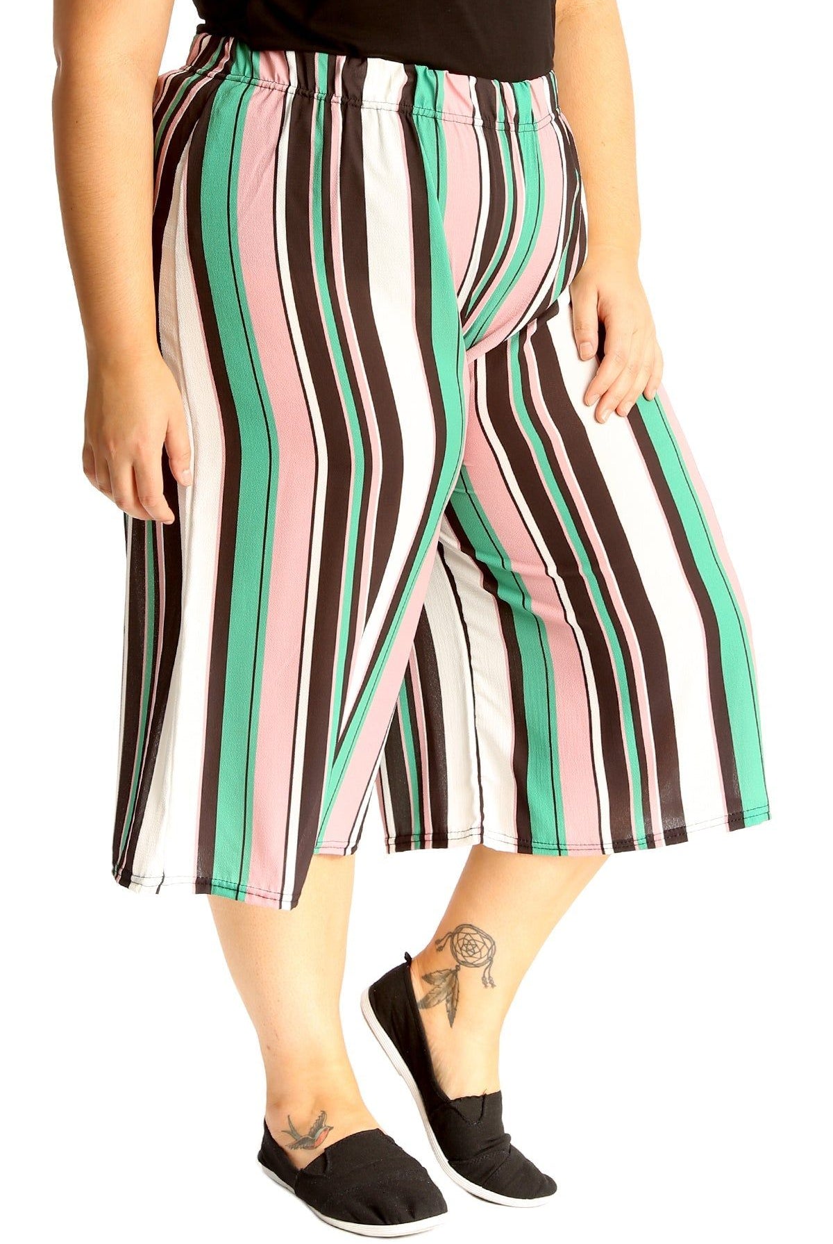 Multi Striped Print Culottes Shorts Culottes WearAll Green 14
