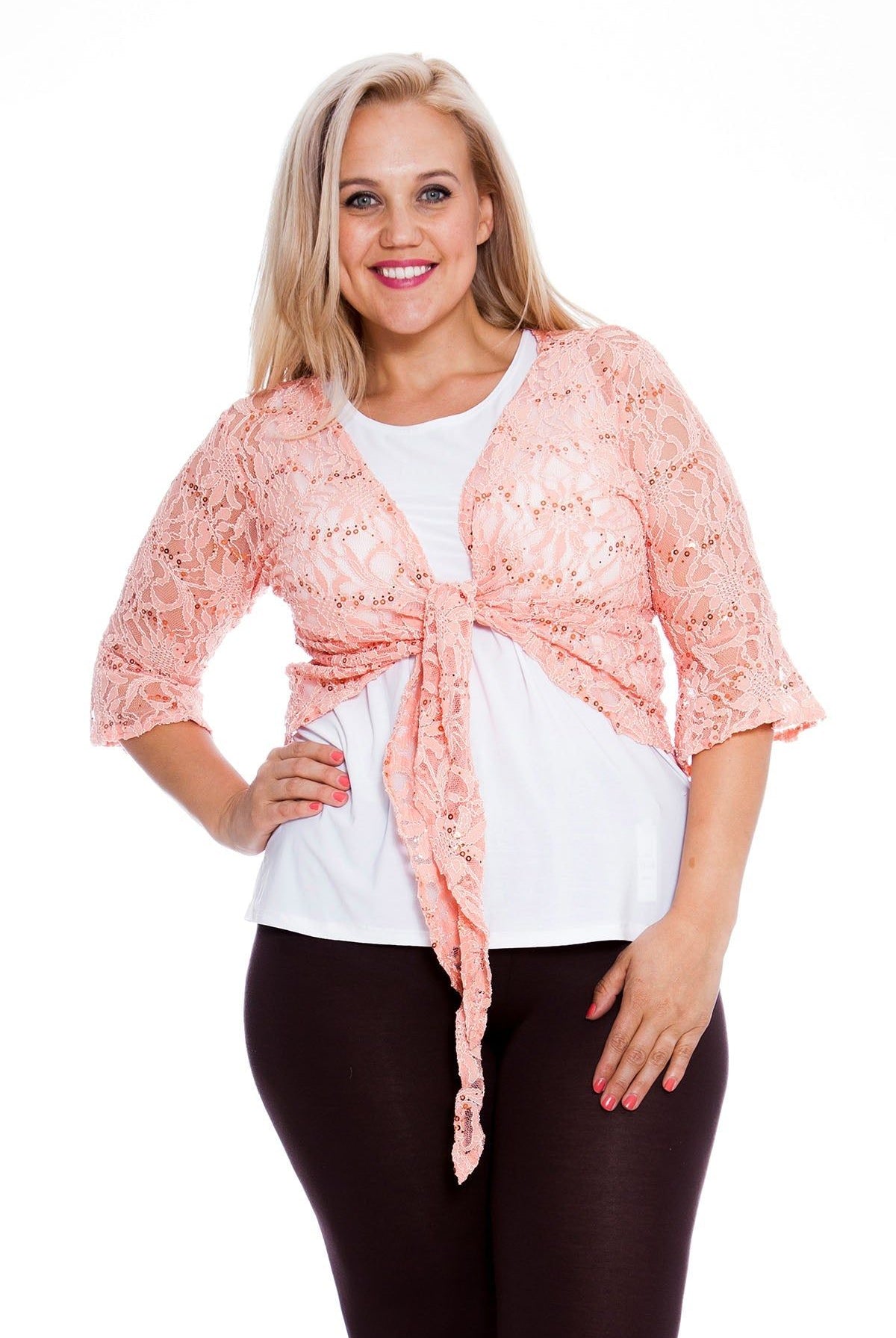 Sequin Lace Tie Up 3/4 Bell Sleeve Crochet Top Tops WearAll Coral 12-14