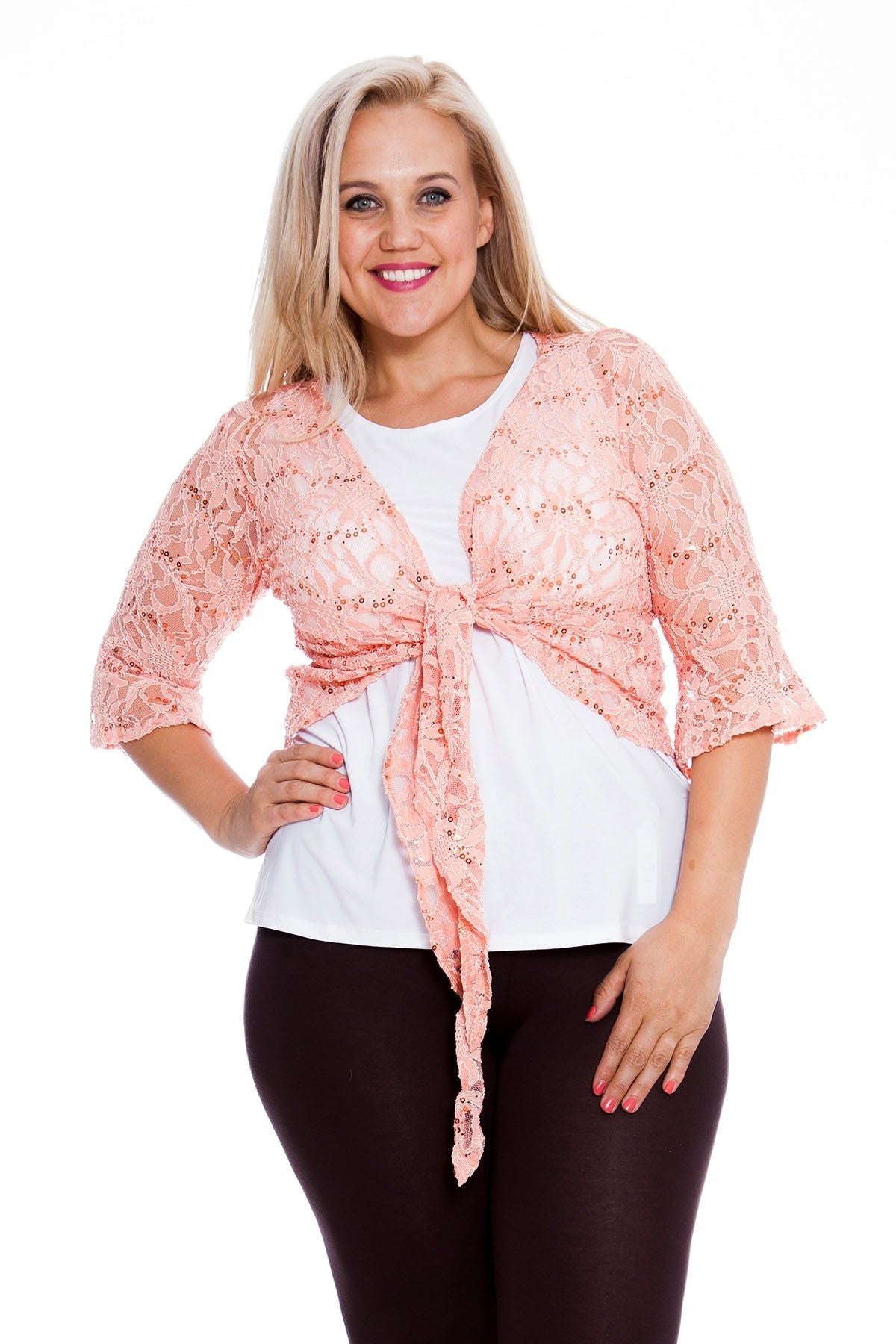 Plus SIze Sequin Lace Tie Up 3/4 Bell Crochet Top Tops WearAll Coral 16-18