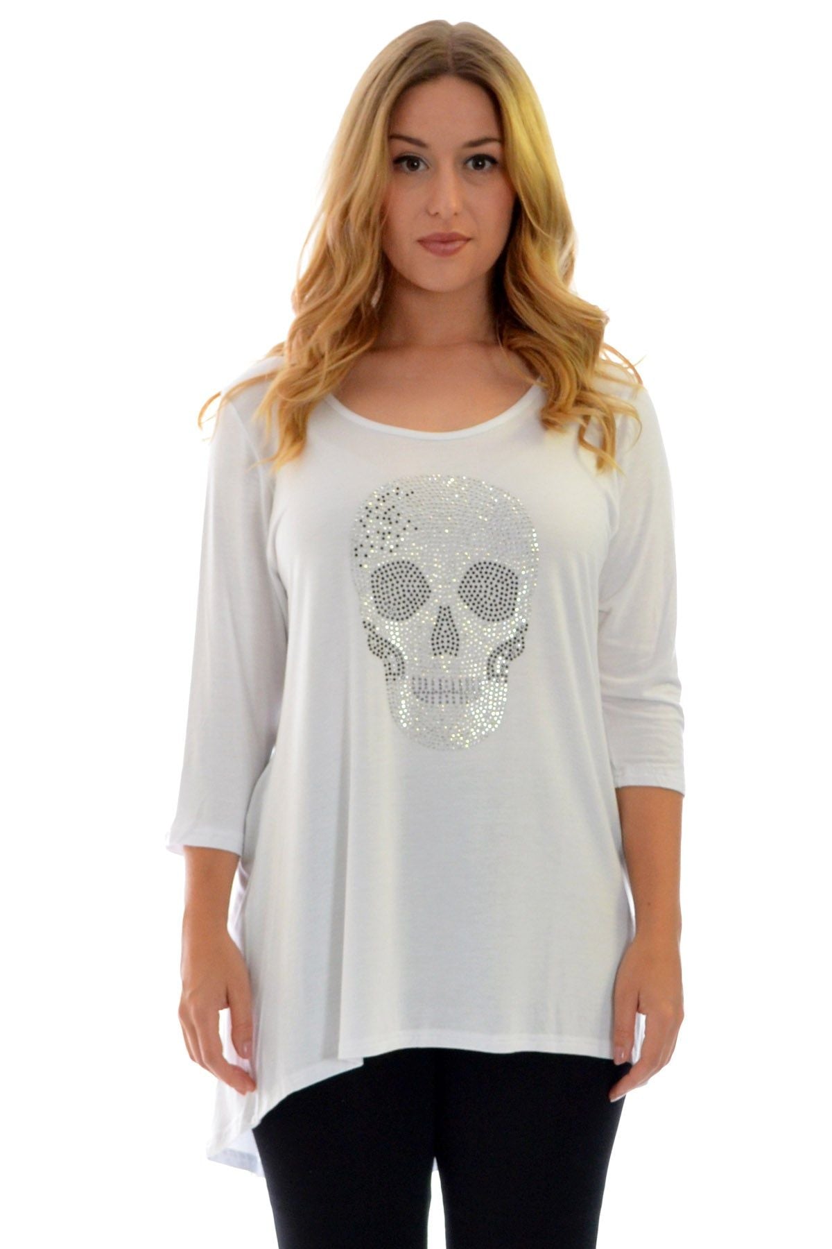 Skull Tail Back Dip Hem Scoop Top Tops WearAll White 14