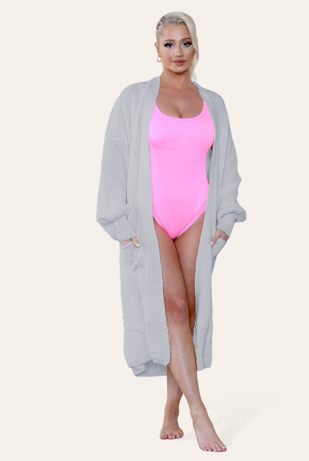 Ladies Balloon Sleeve Cardigan Cardigan WearAll Grey One Size UK Fit (8-16)