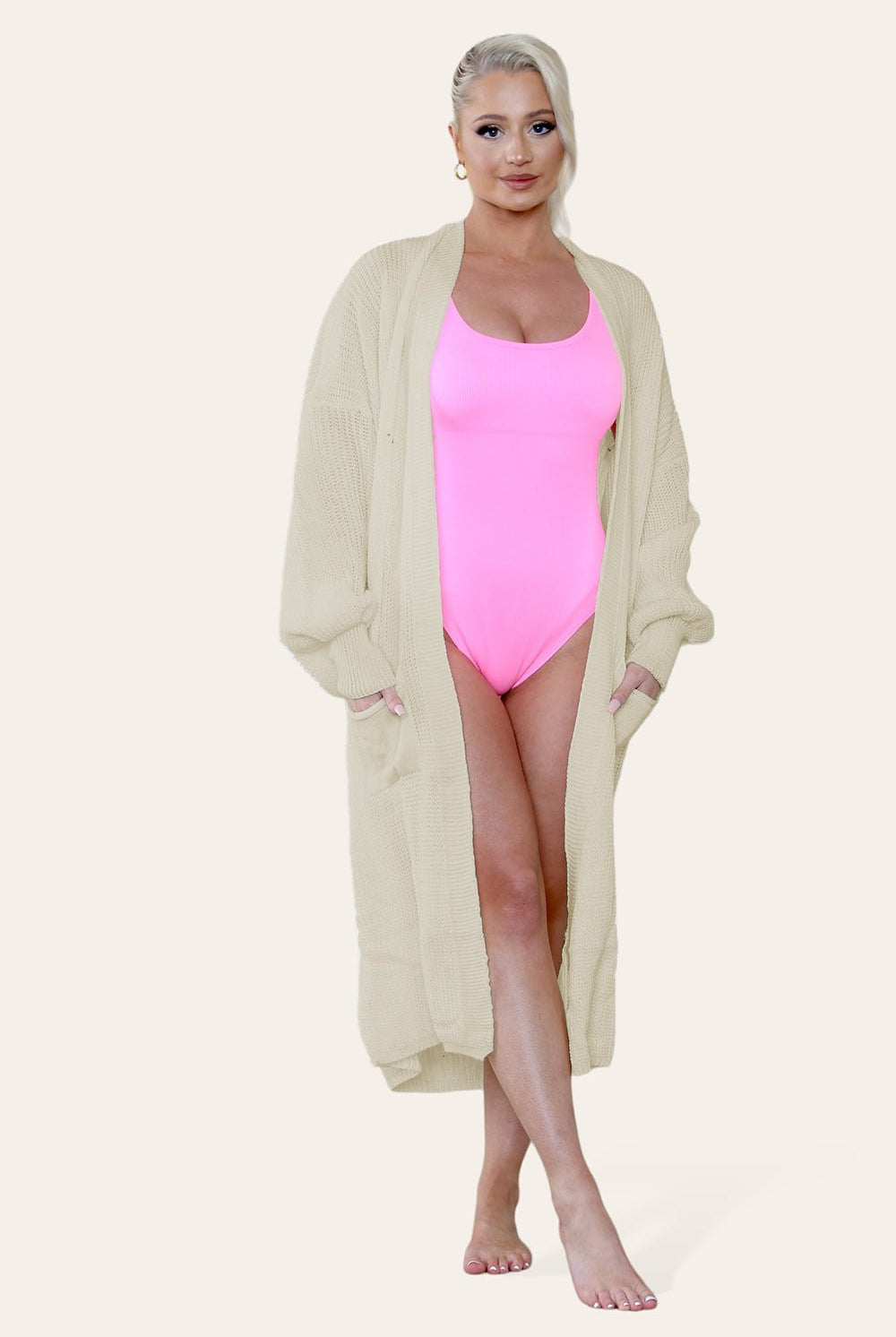 Ladies Balloon Sleeve Cardigan Cardigan WearAll Beige One Size UK Fit (8-16)