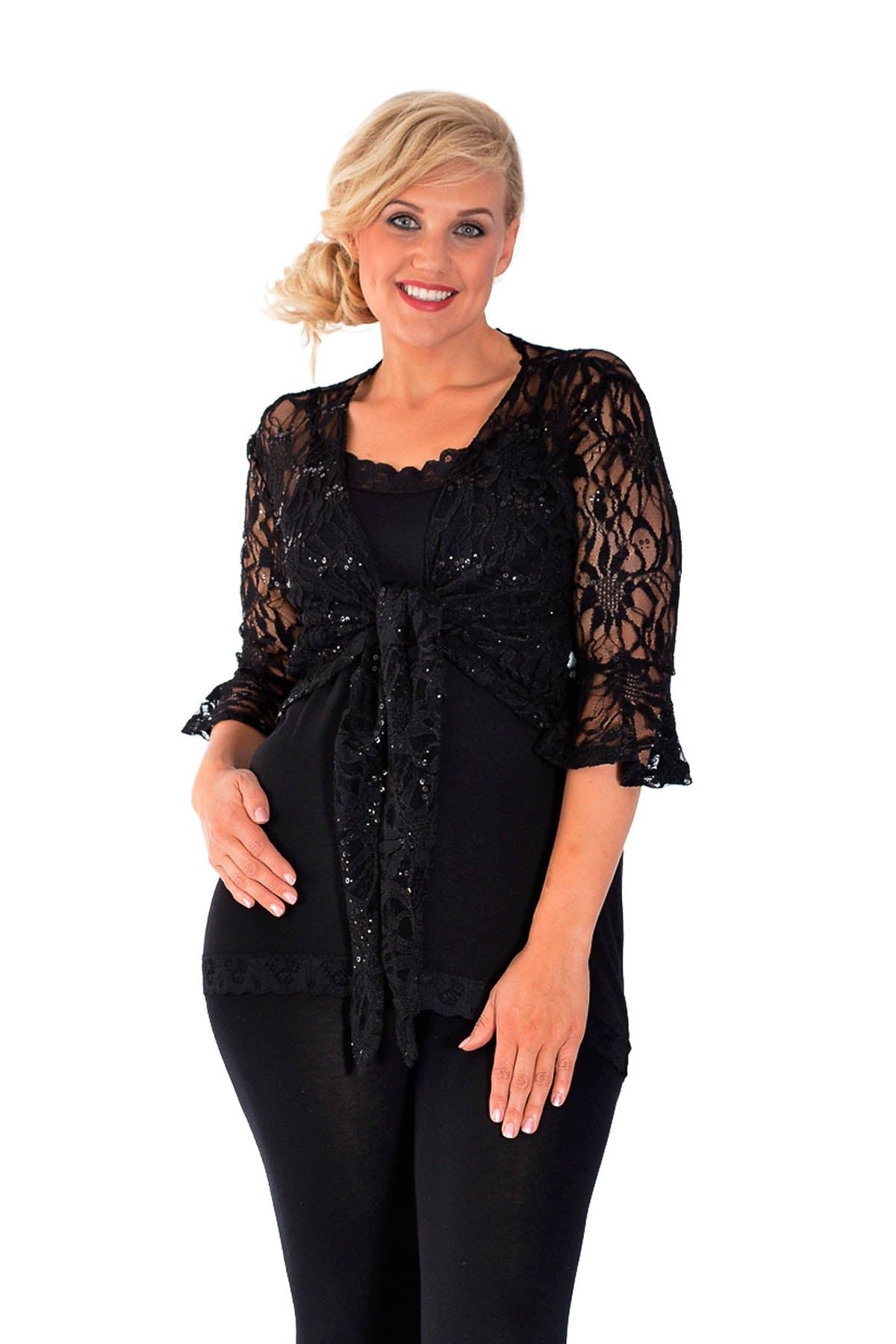 Sequin Lace Tie Up 3/4 Bell Sleeve Crochet Top Tops WearAll Black 12-14
