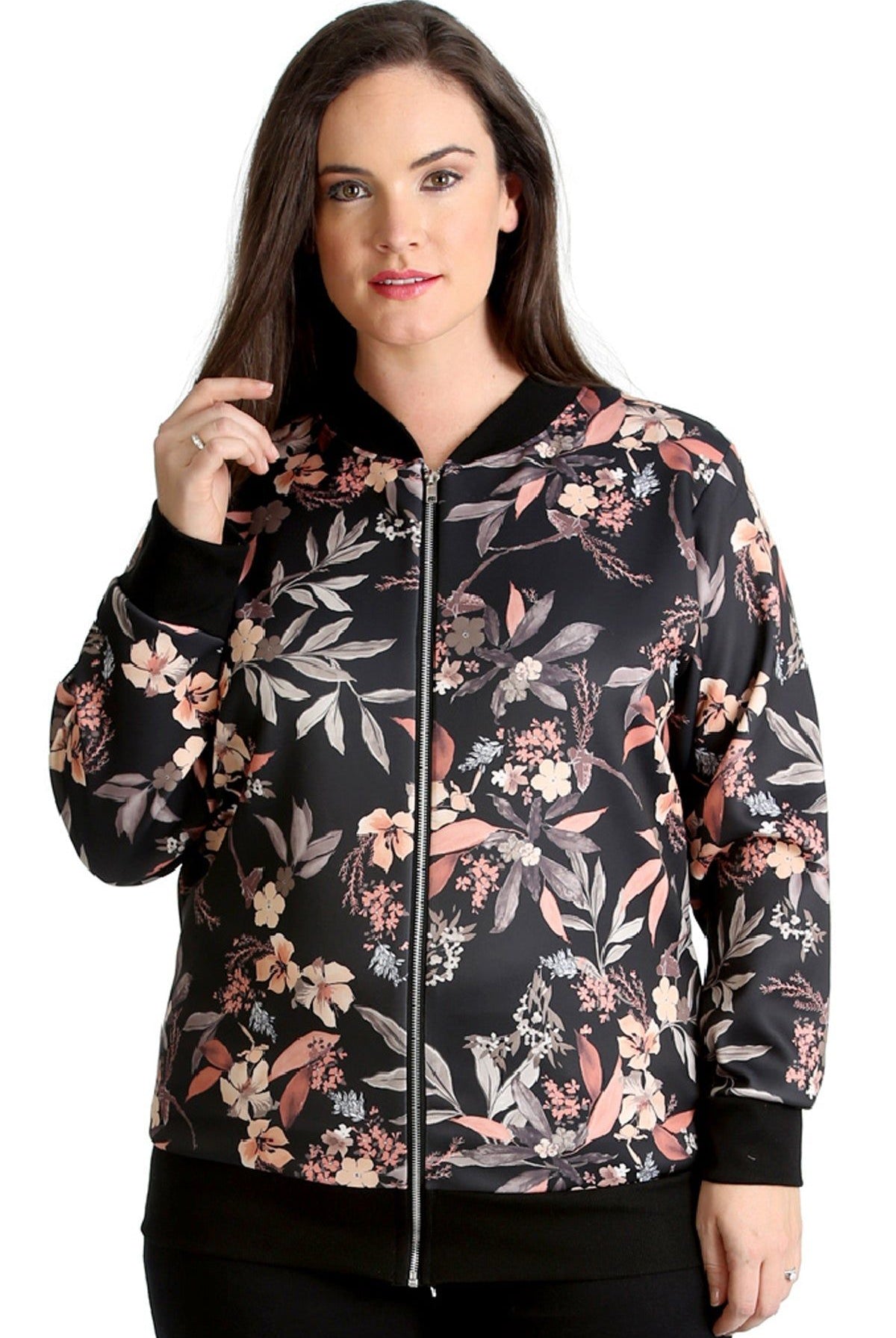 Floral Leaf Bomber Jacket Print Jacket WearAll Black 14